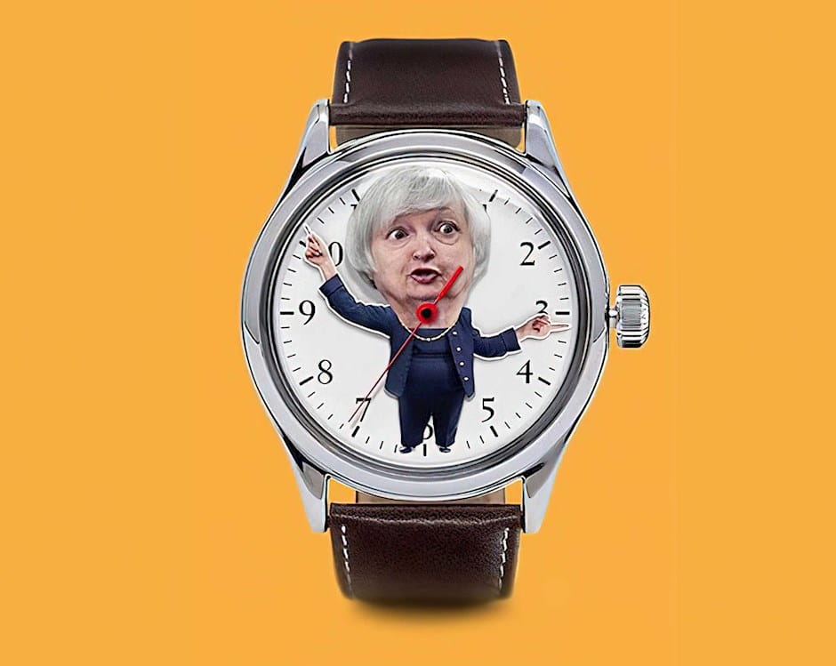 Janet Yellen inside a clock