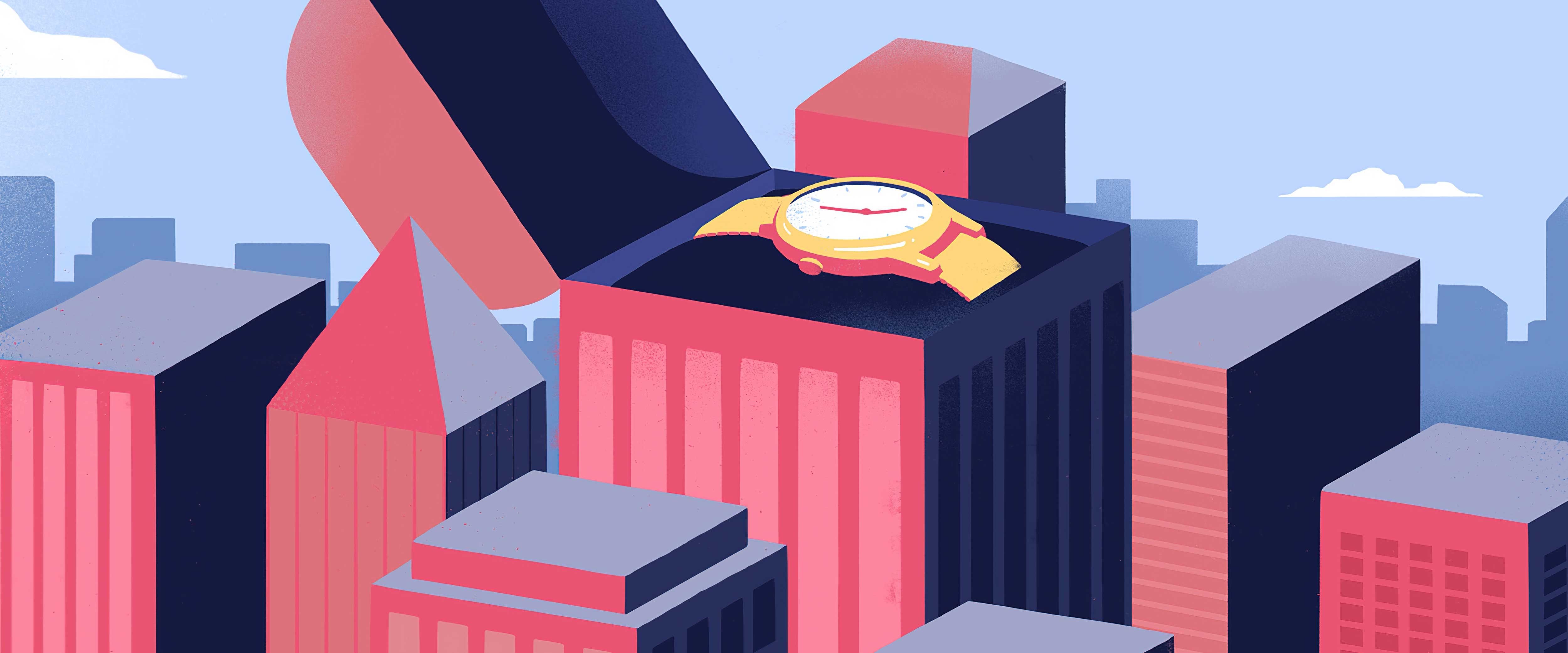 Gold watch emerging out of a building