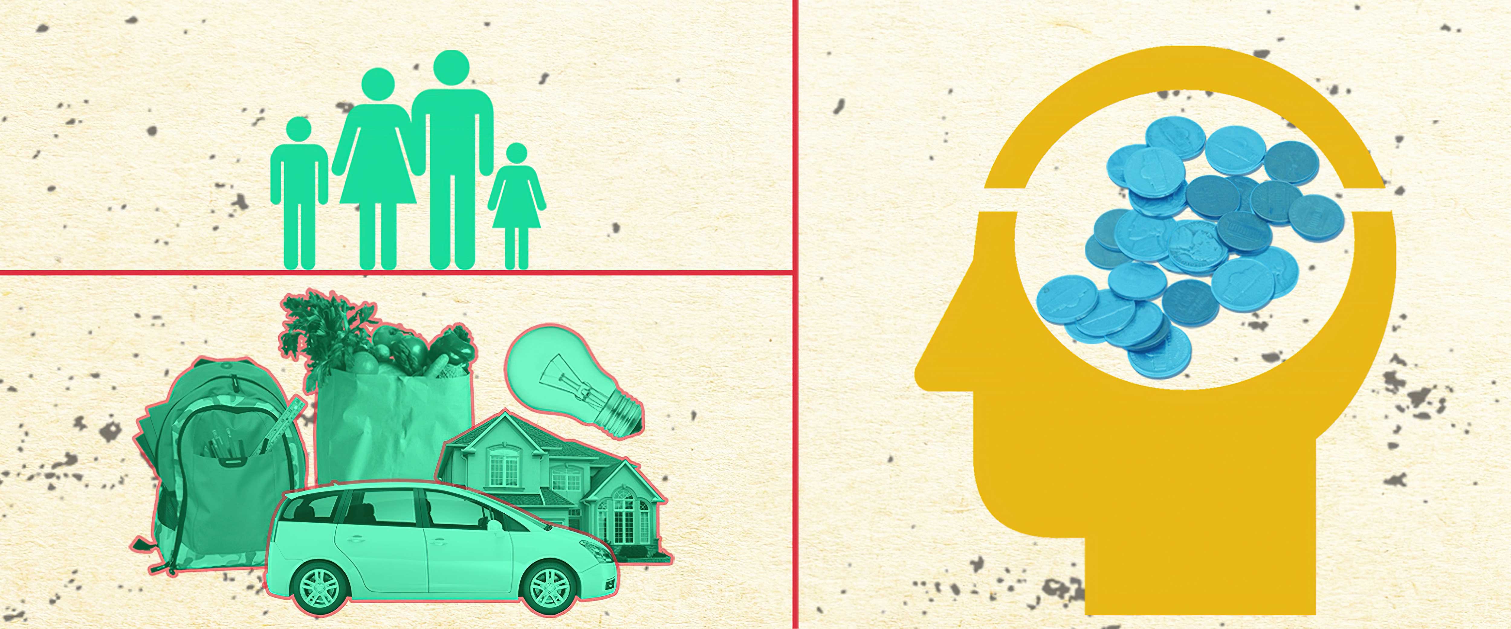 Grid of images including a silhouette family and a brain with money in it