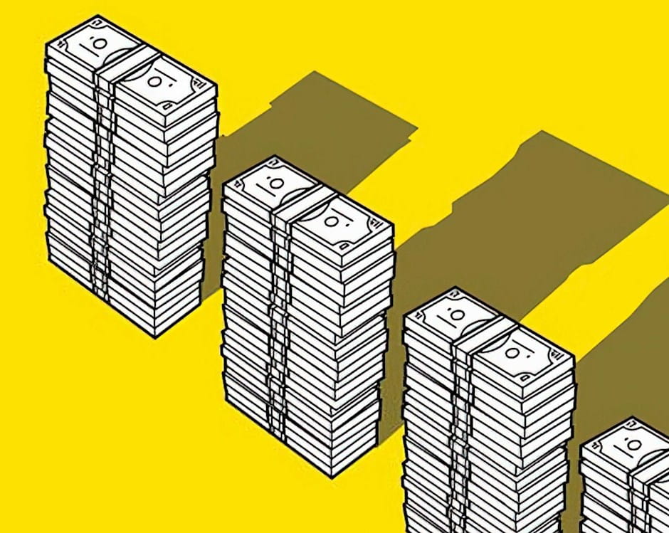 Equally sized stacks of money with unequal shadows behind each