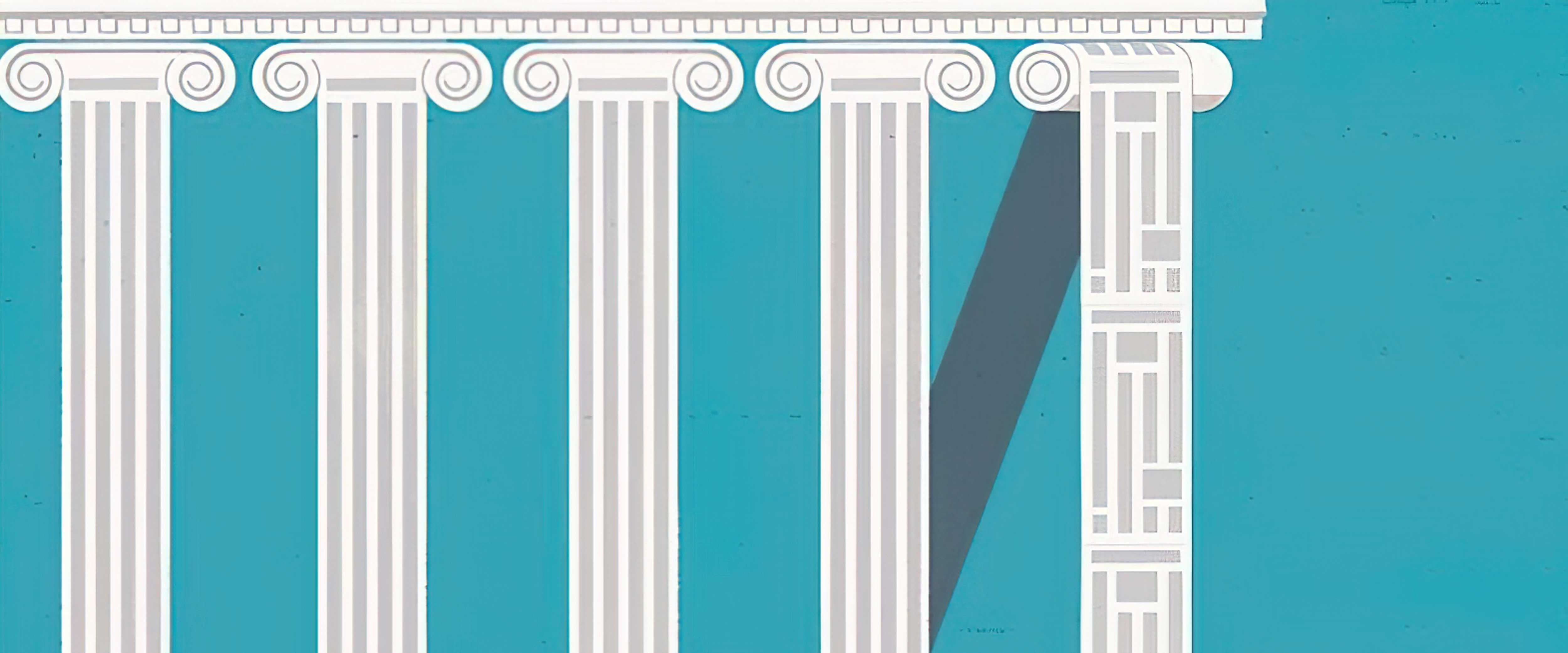 Row of columns, last column resembles printing press