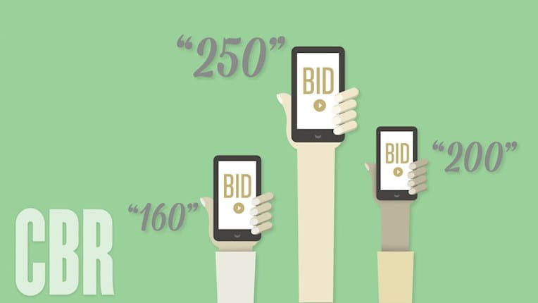 Green background image with illustrated hands holding up phones that say "Bid"; surrounded by the numbers "160", "250", and "200"