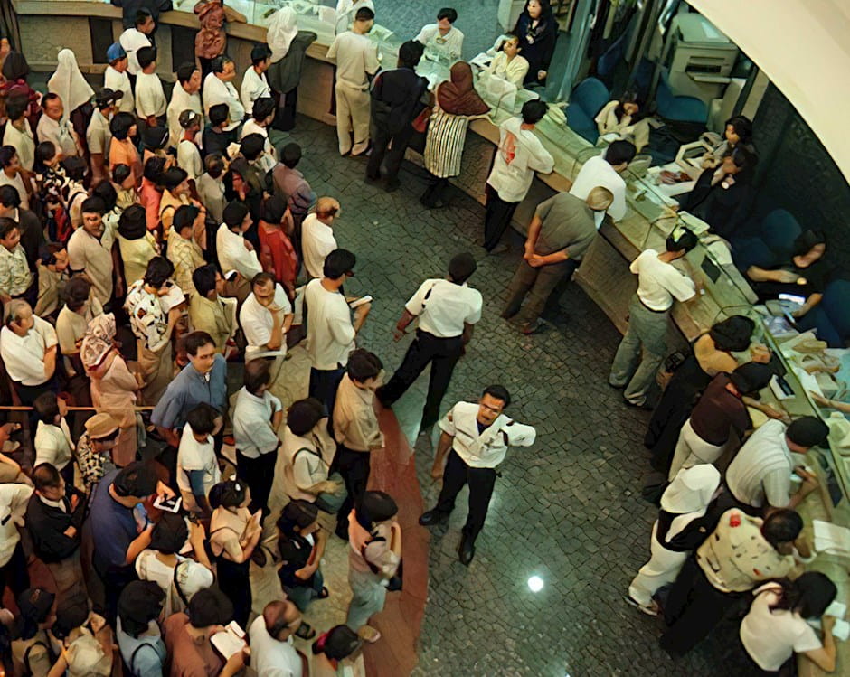 Crowded bank lobby