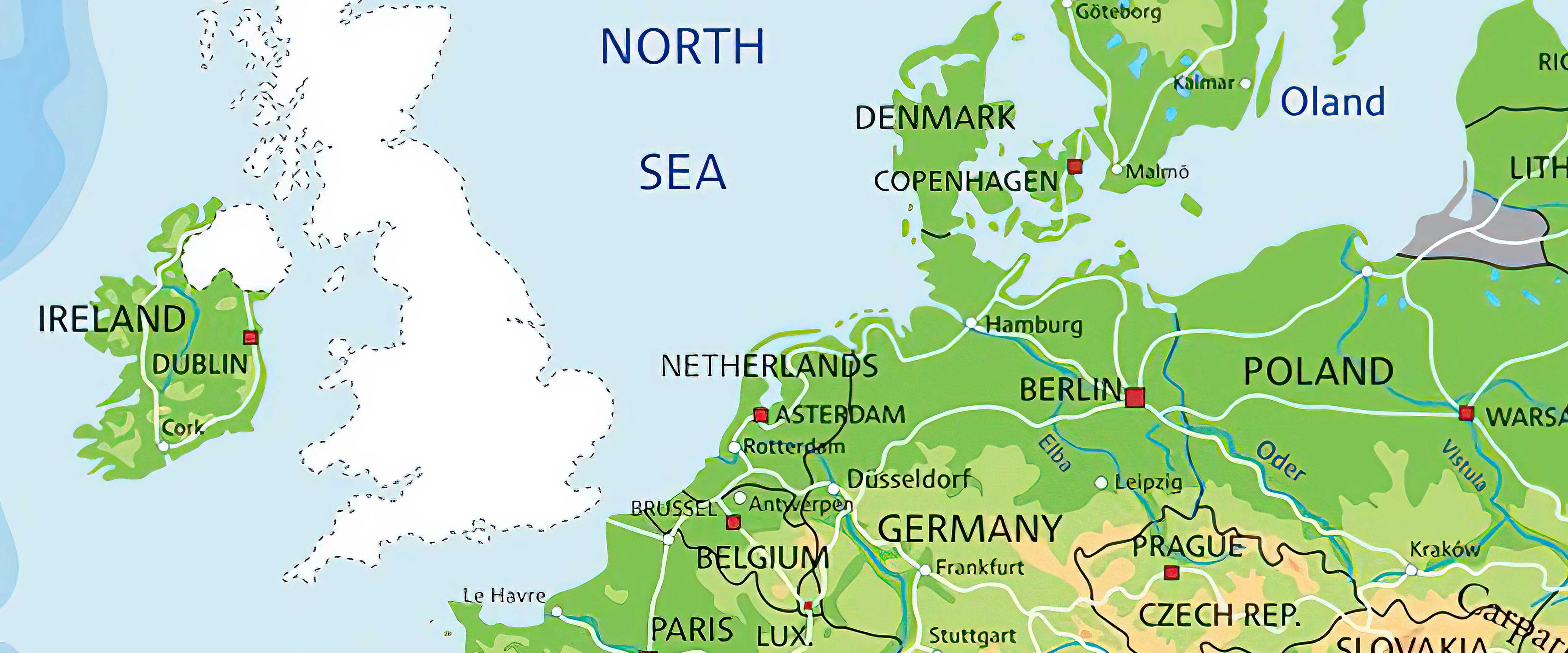 Map of Western Europe and the North Sea with United Kingdom missing