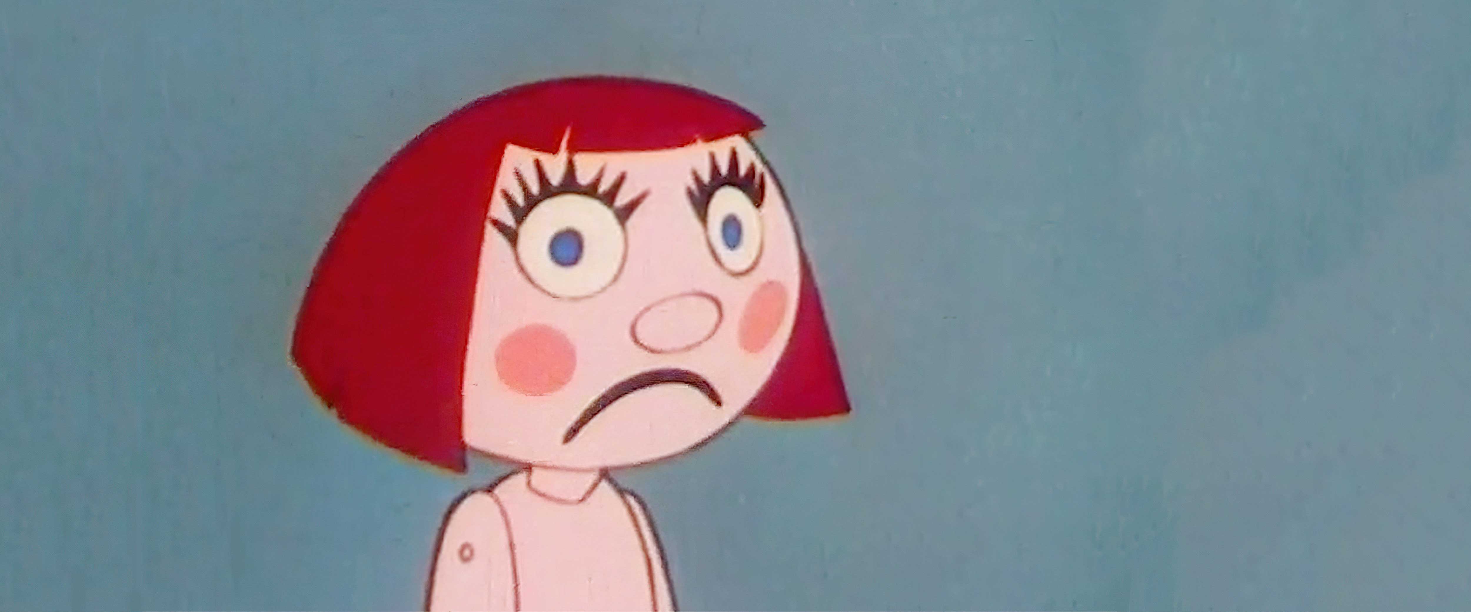 Cartoon doll with a frowny face