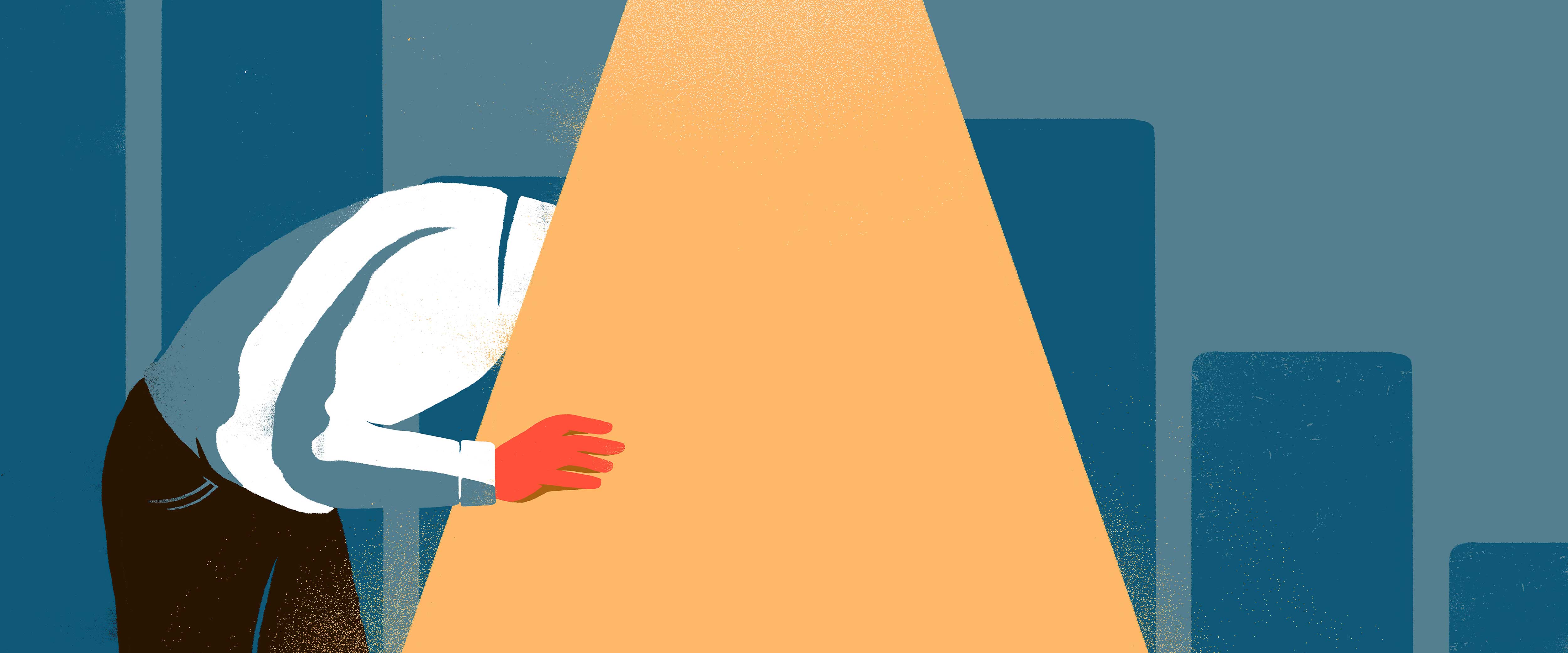 Person sticking their head in a light sphere