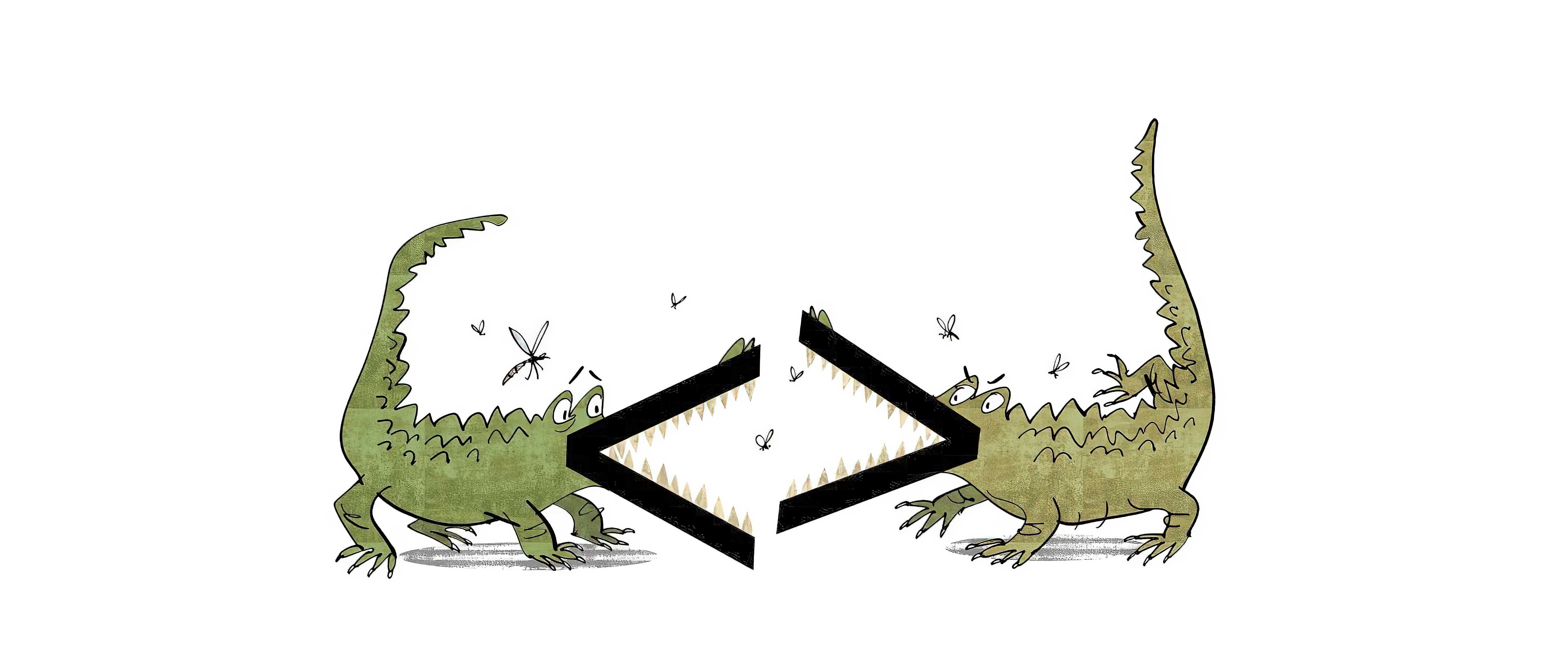 Alligators with angle bracket signs for mouths