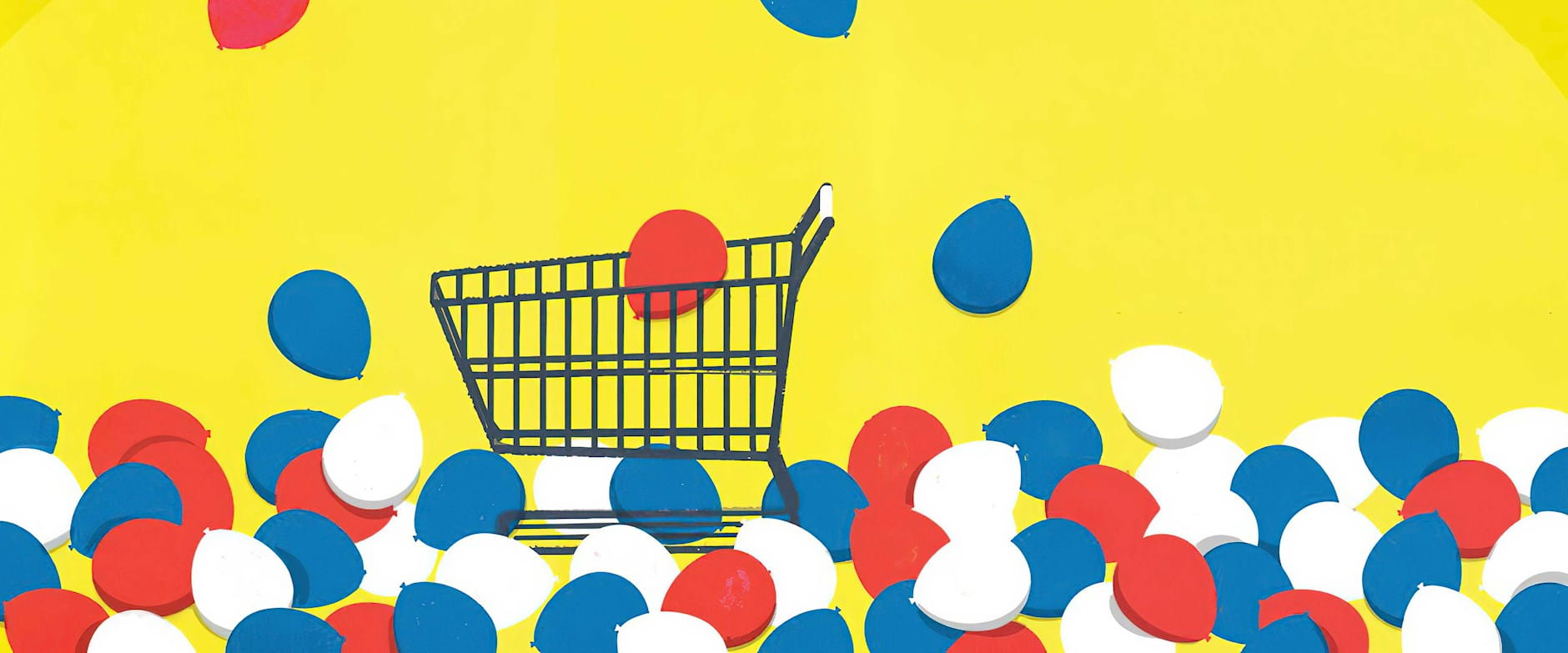 Shopping cart underneath red, white, and blue balloons falling on it