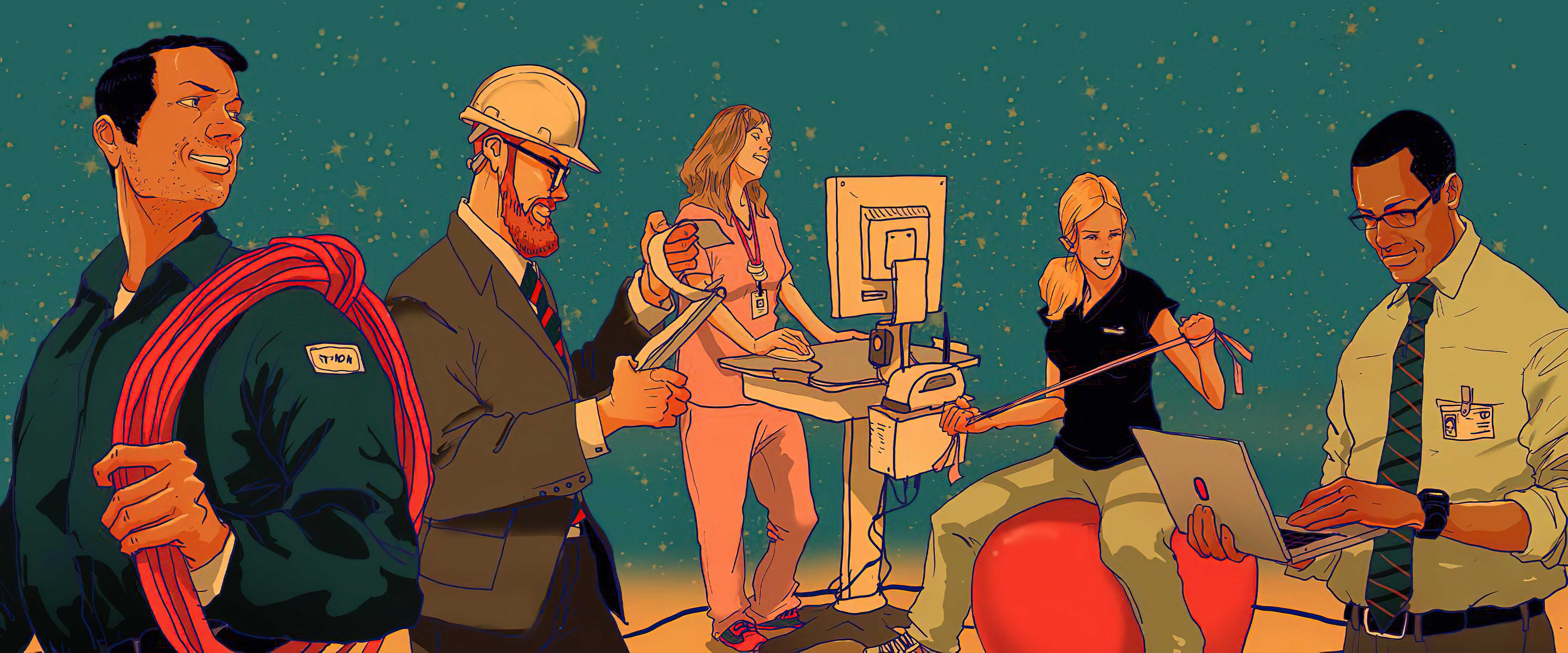 Cartoon workers with different jobs congregating in a green space