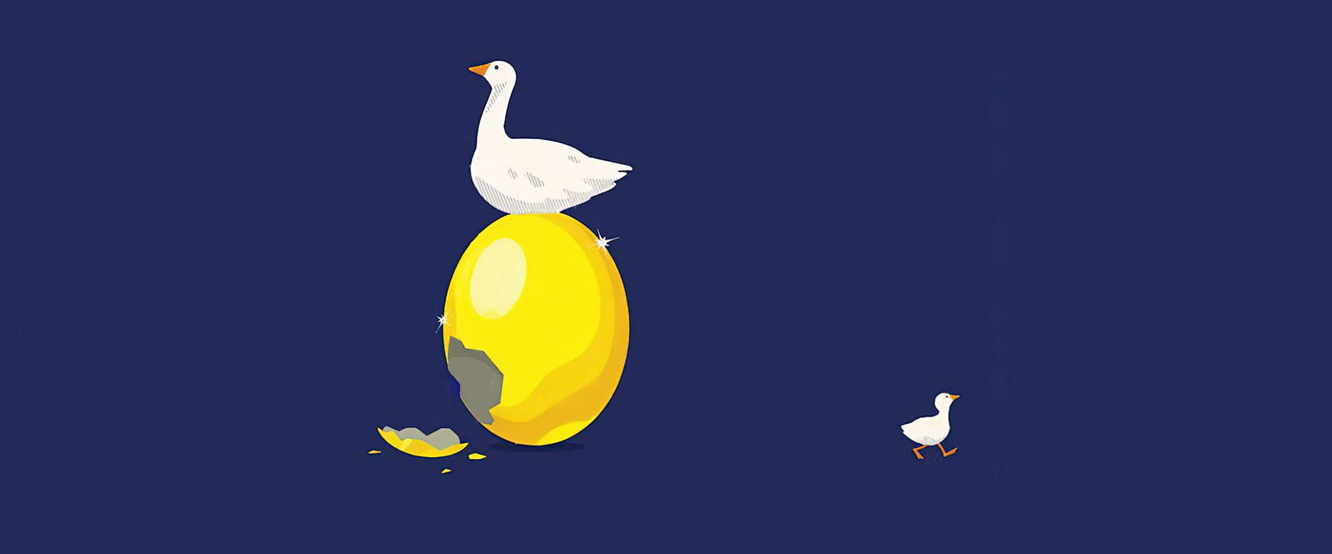 Little goose walking away from golden egg