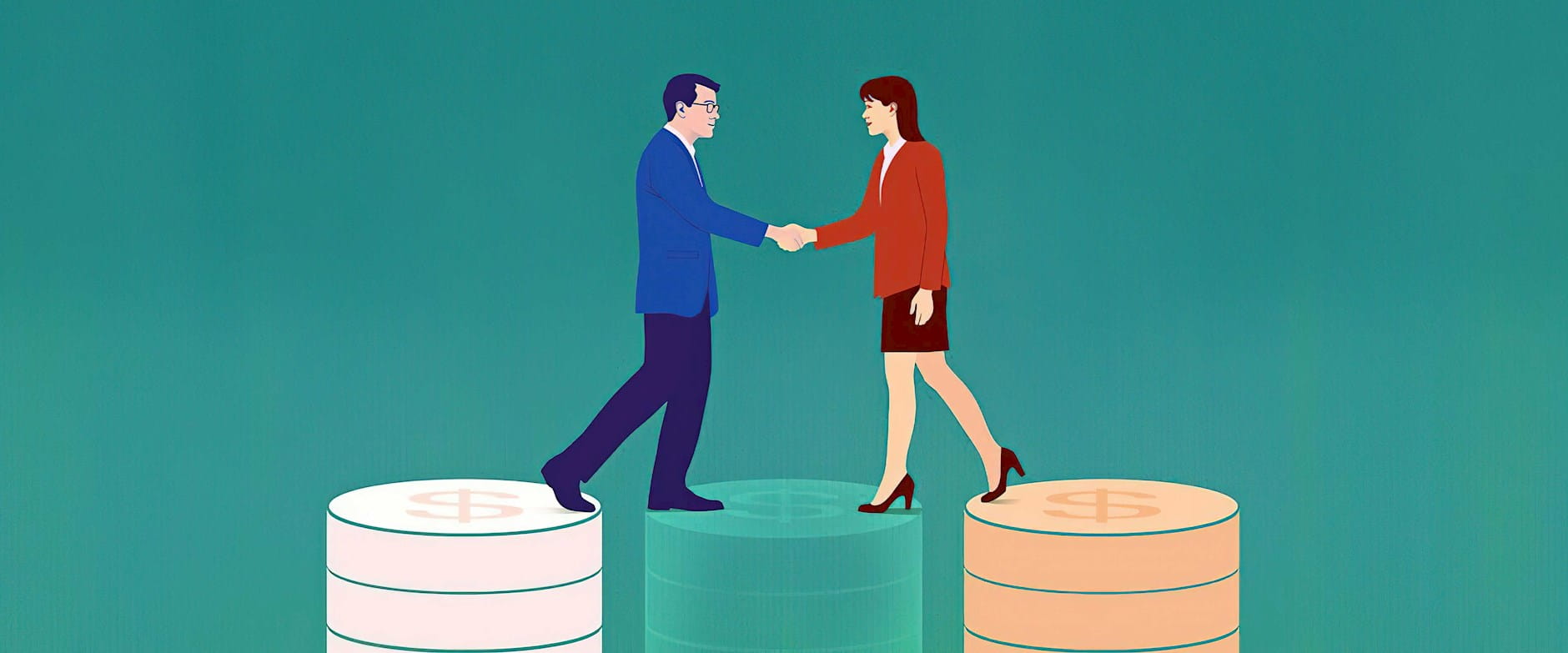 Business people shaking hands while standing on money