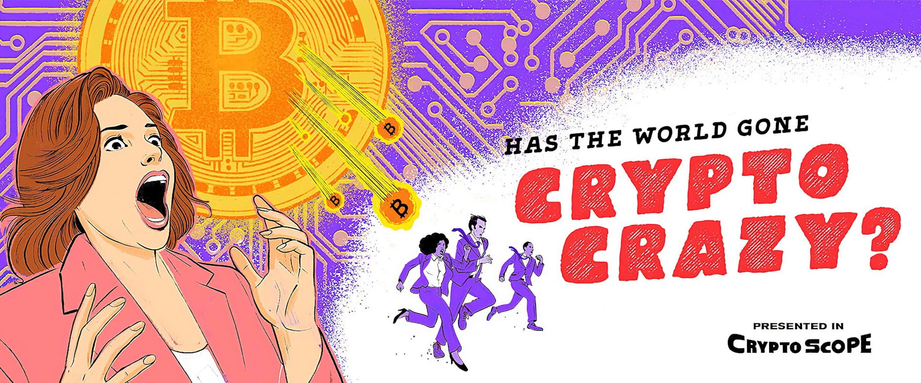 Pulp style illustration of woman afraid of Bitcoin