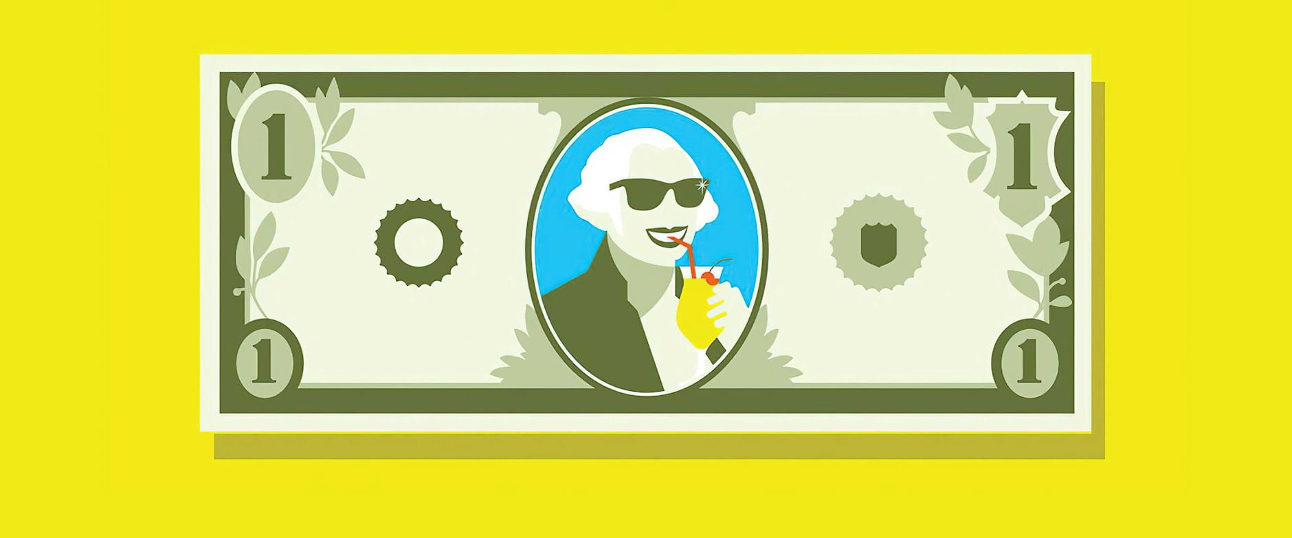 George Washington drinking a cocktail on the dollar bill