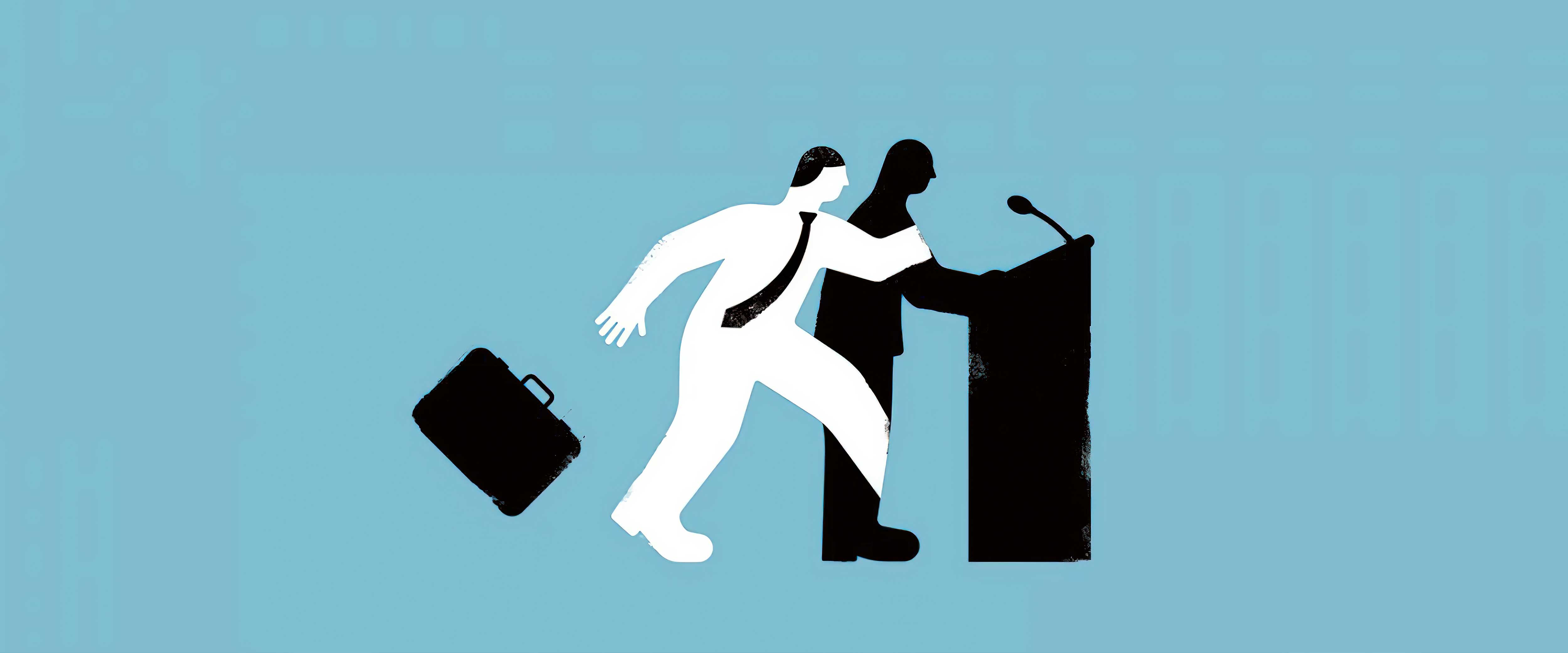 Business silhouette sliding into podium speaker silhouette