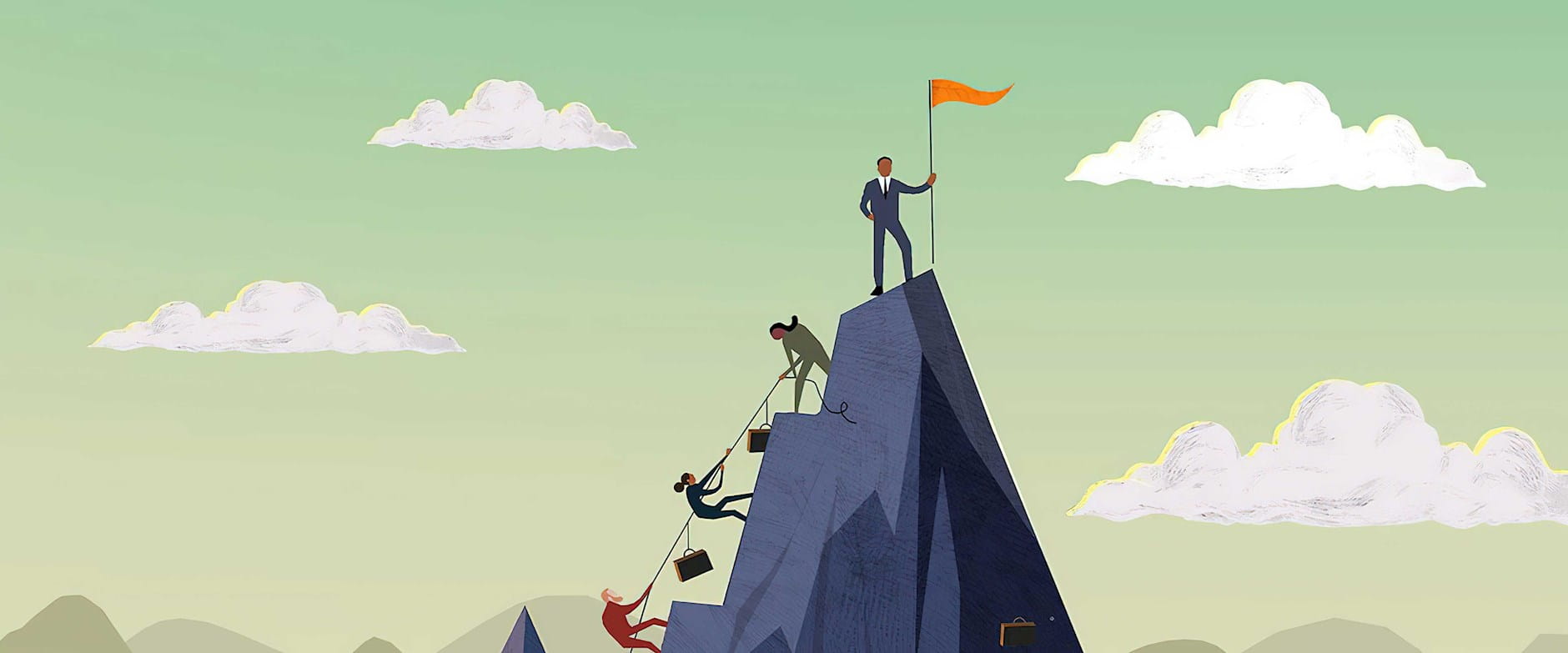 People in business attire climbing a mountain with the first person planting a flag at the top