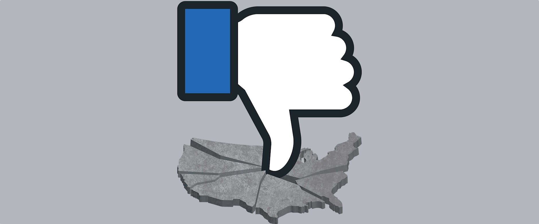 Facebook thumbs down symbol over a map of the United States