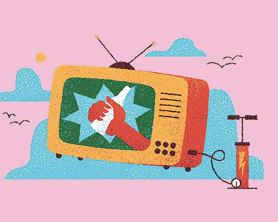 Air pump blowing up a tv with a hand holding a bottle in the screen