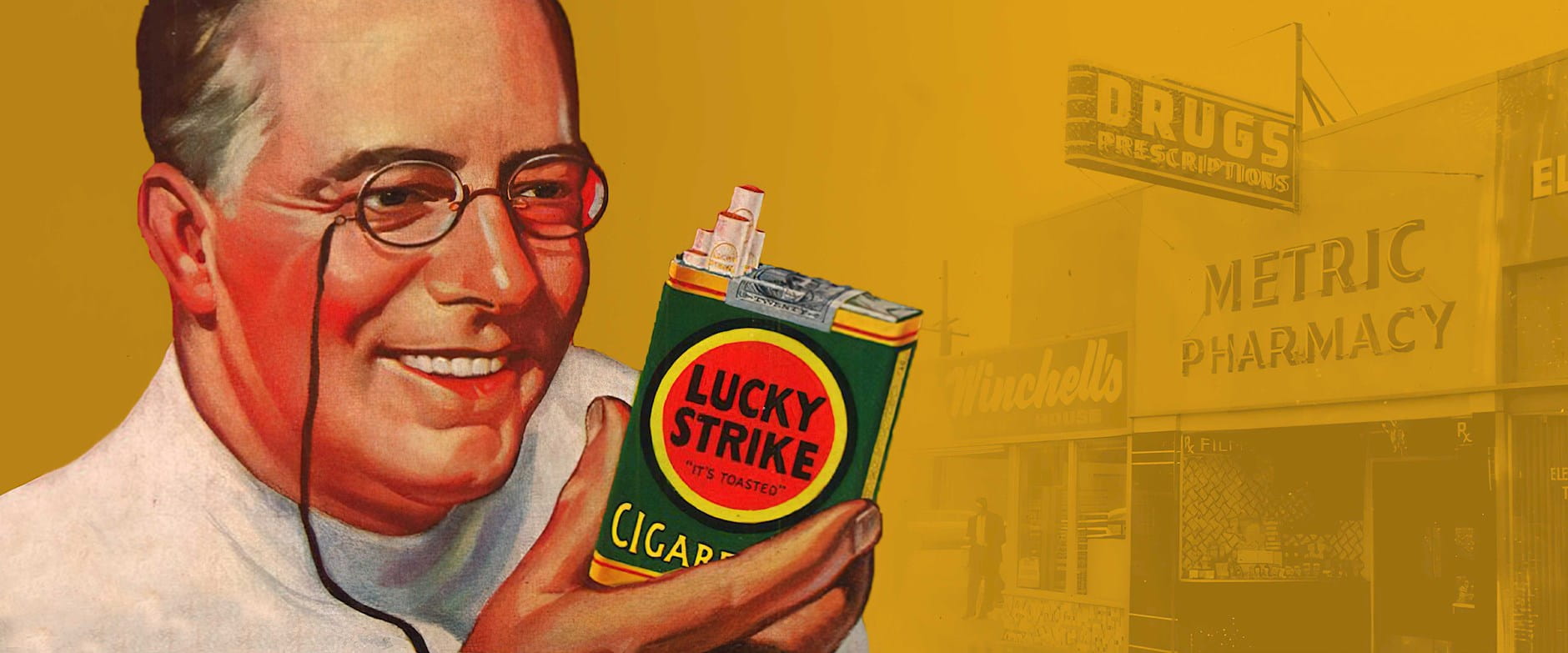 Doctor holding a pack of Lucky Strikes