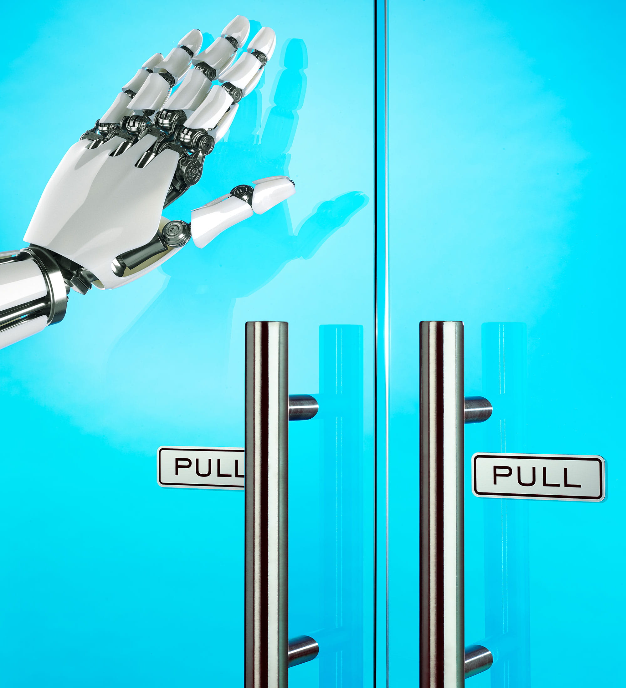 Robot hand pushing open a blue door
