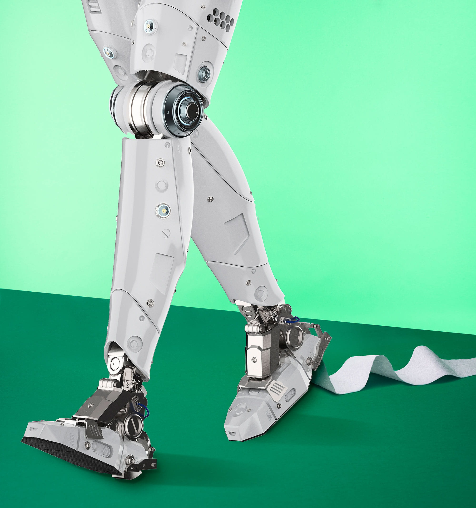 Robot legs trailing toilet paper