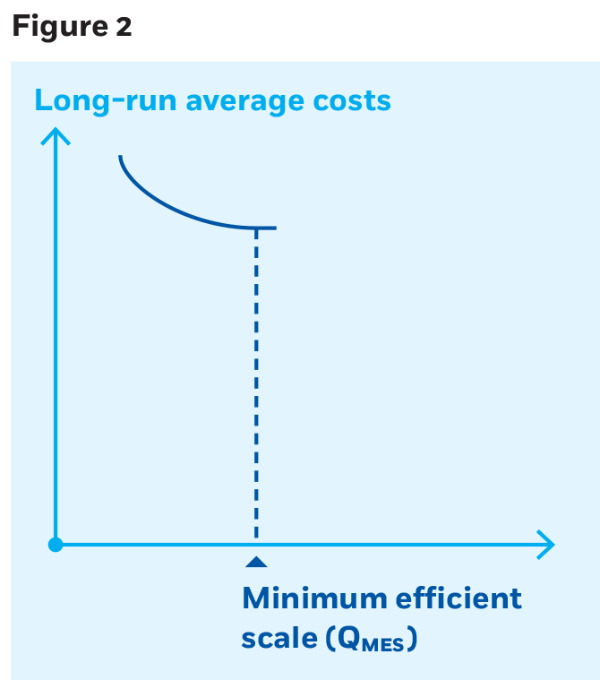  A similar line-curve diagram with long-run average costs on the y-axis and the company’s scale on the x-axis. The curve also starts near the top-left, but its downward slope is shorter and squatter, stopping before the halfway point and farther above the x-axis, also at a point labeled minimum efficient scale.