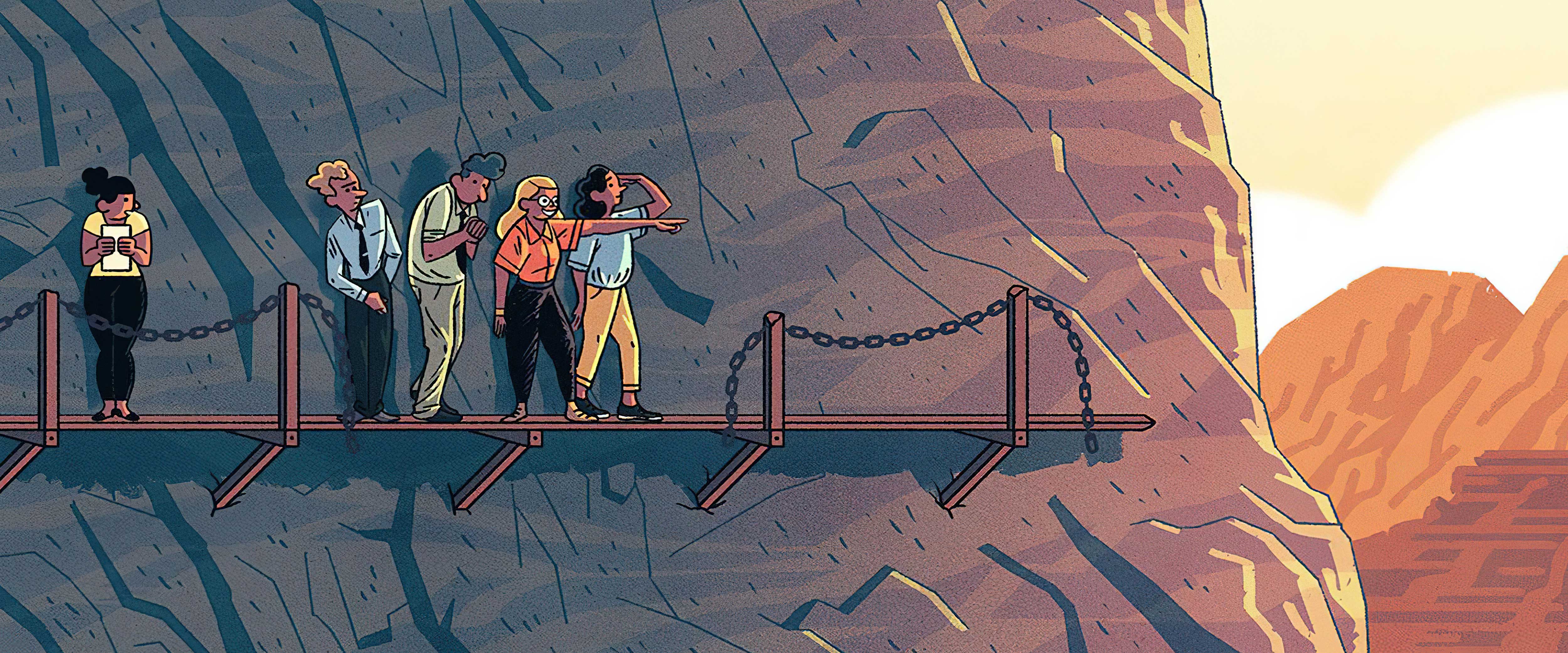 People on the edge of a mountain on a platform