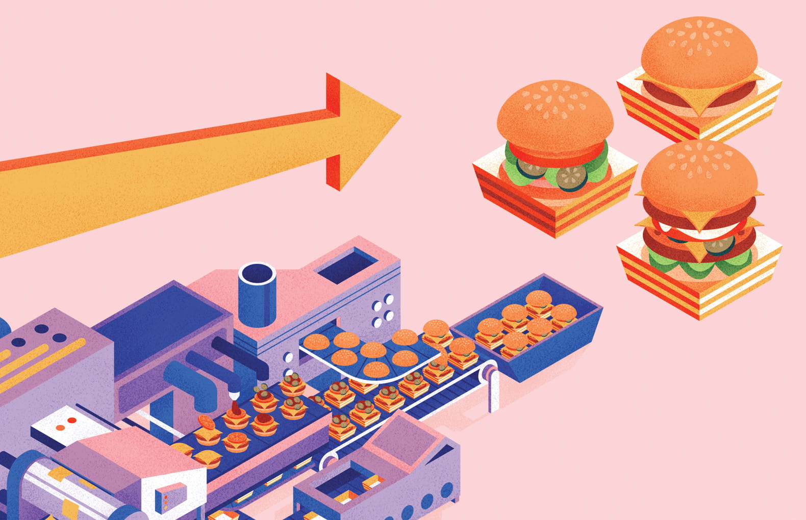 Illustration of burger factory assembly line and manager