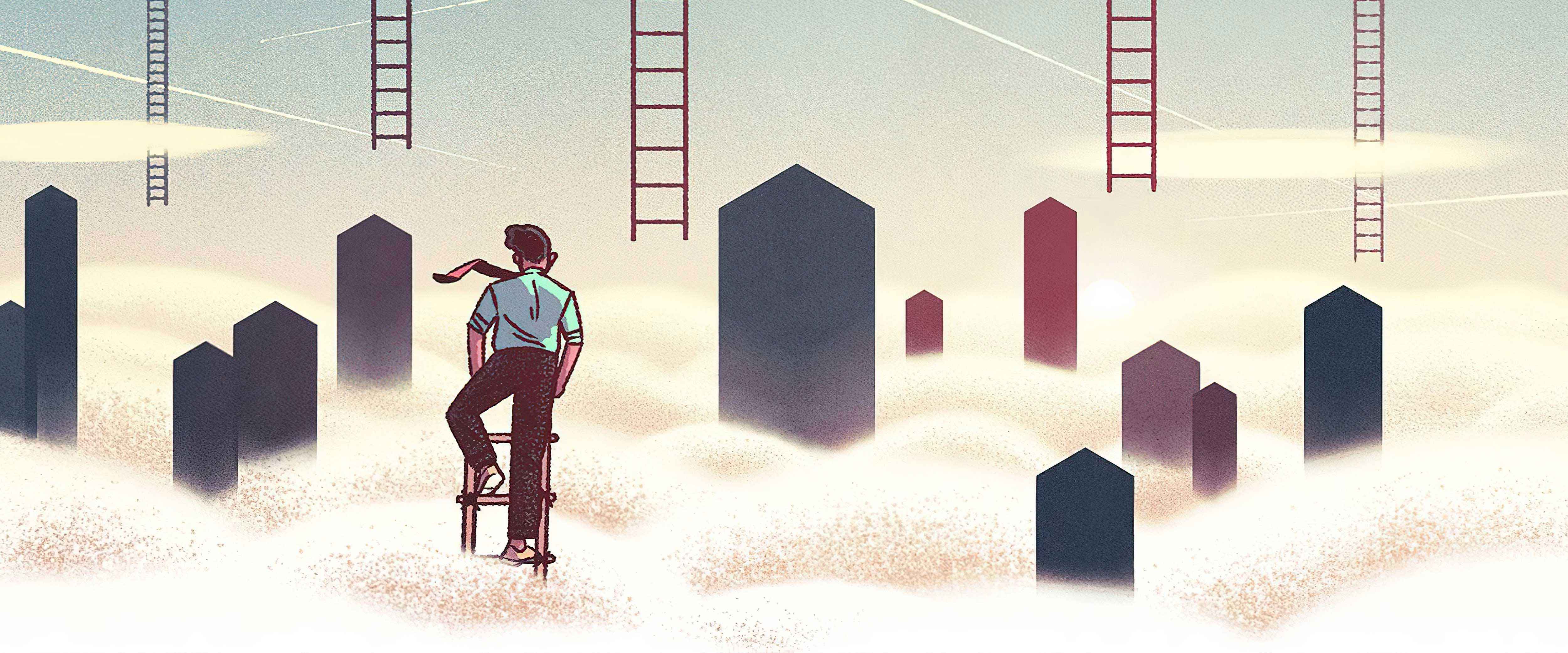 Man climbing a ladder with arrows pointing up around him