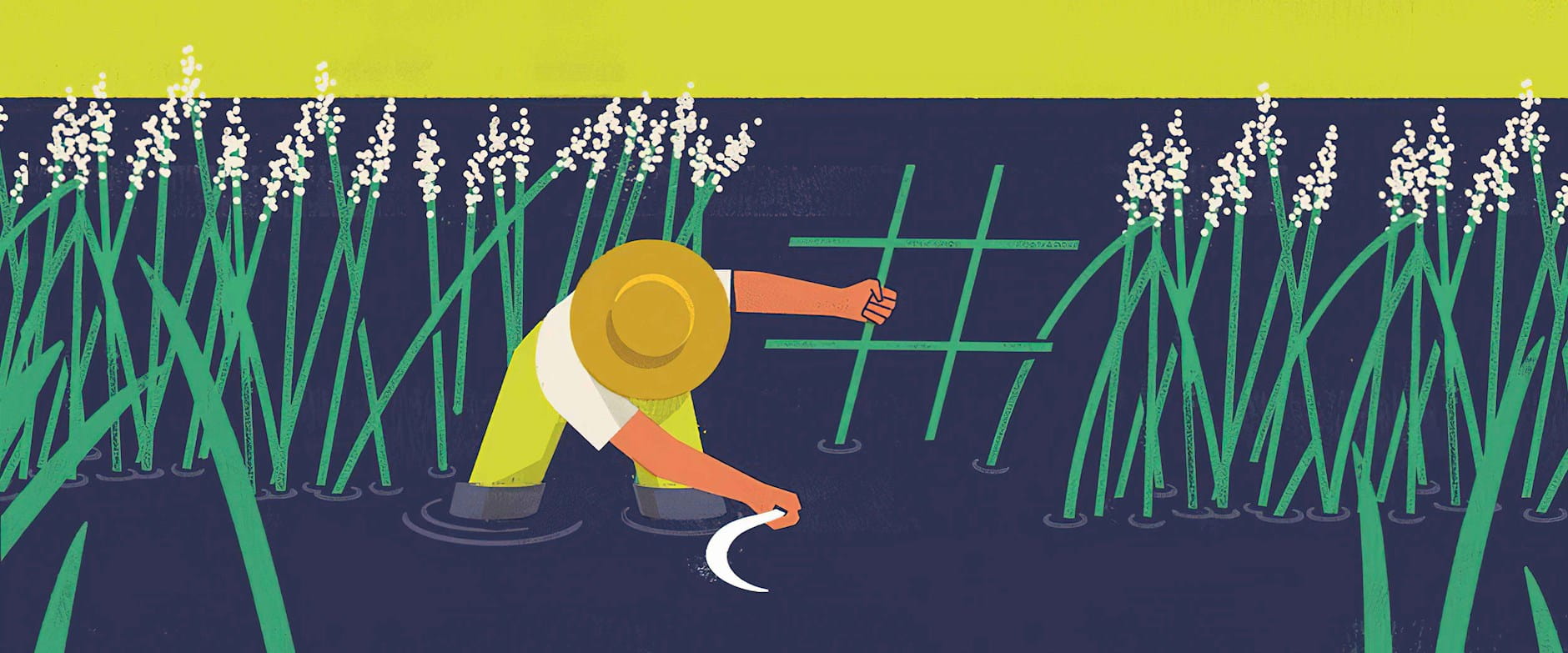 Illustration of man wading in water cutting plants