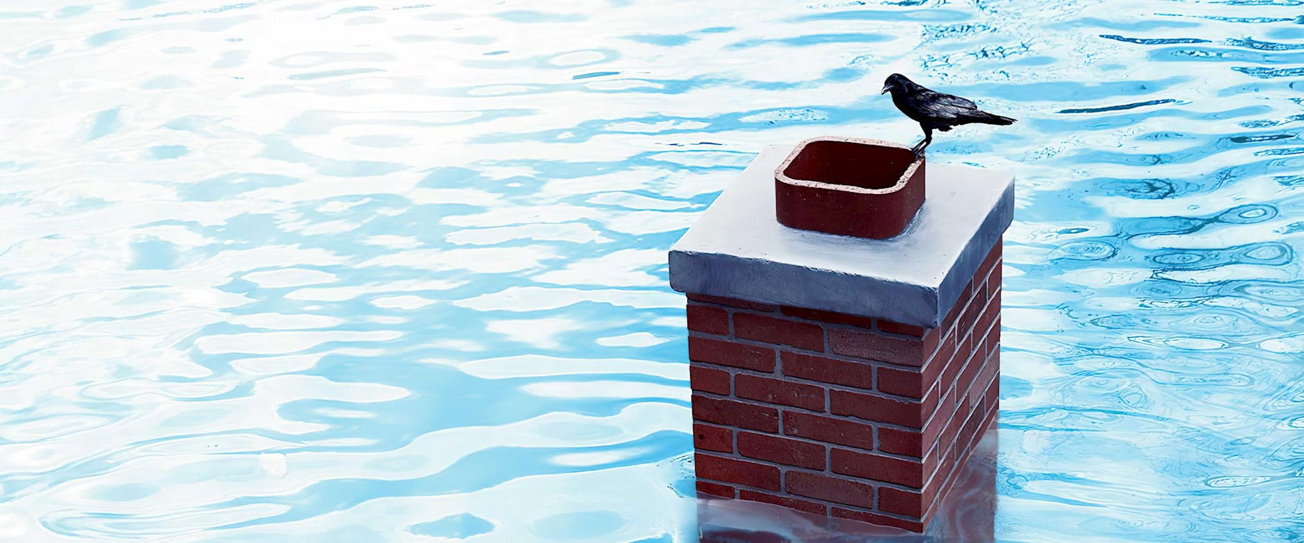 Chimney poking up through water with a bird on top