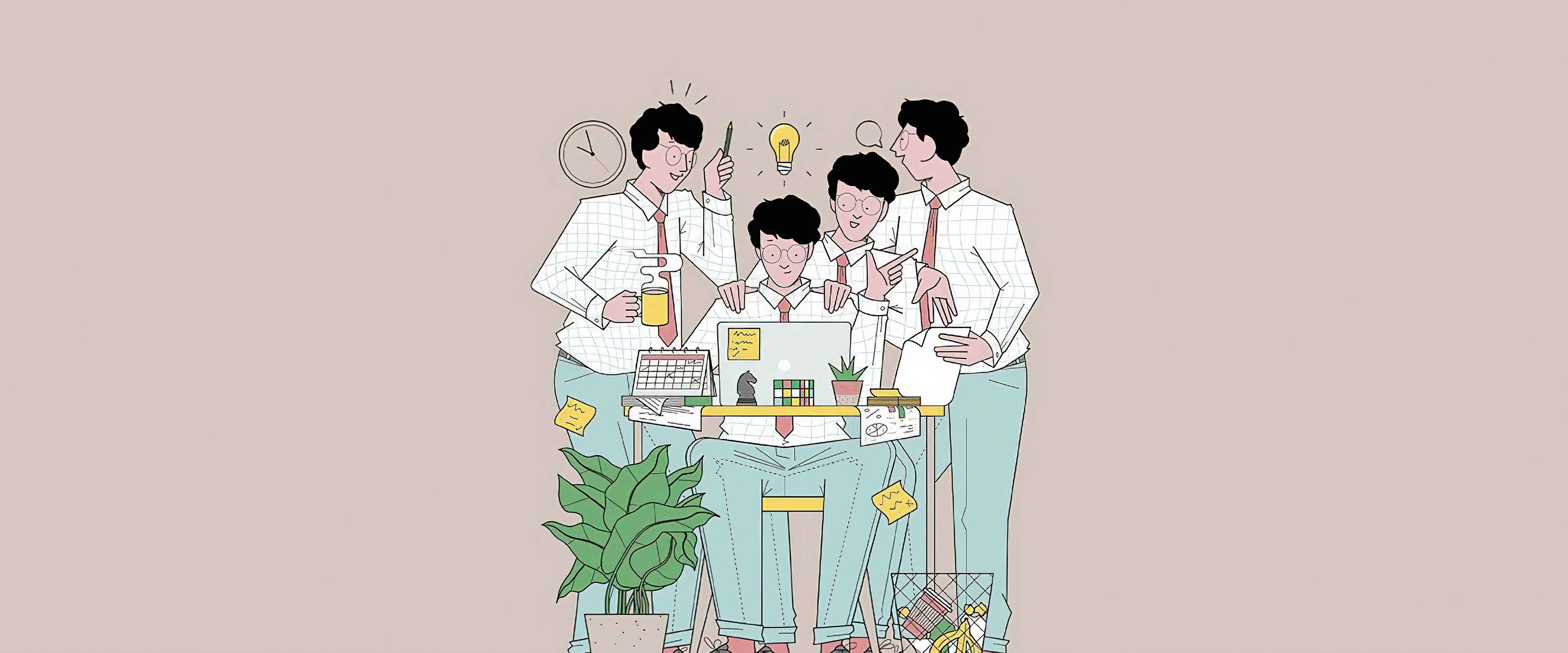 Man and his clones collaborating on a project