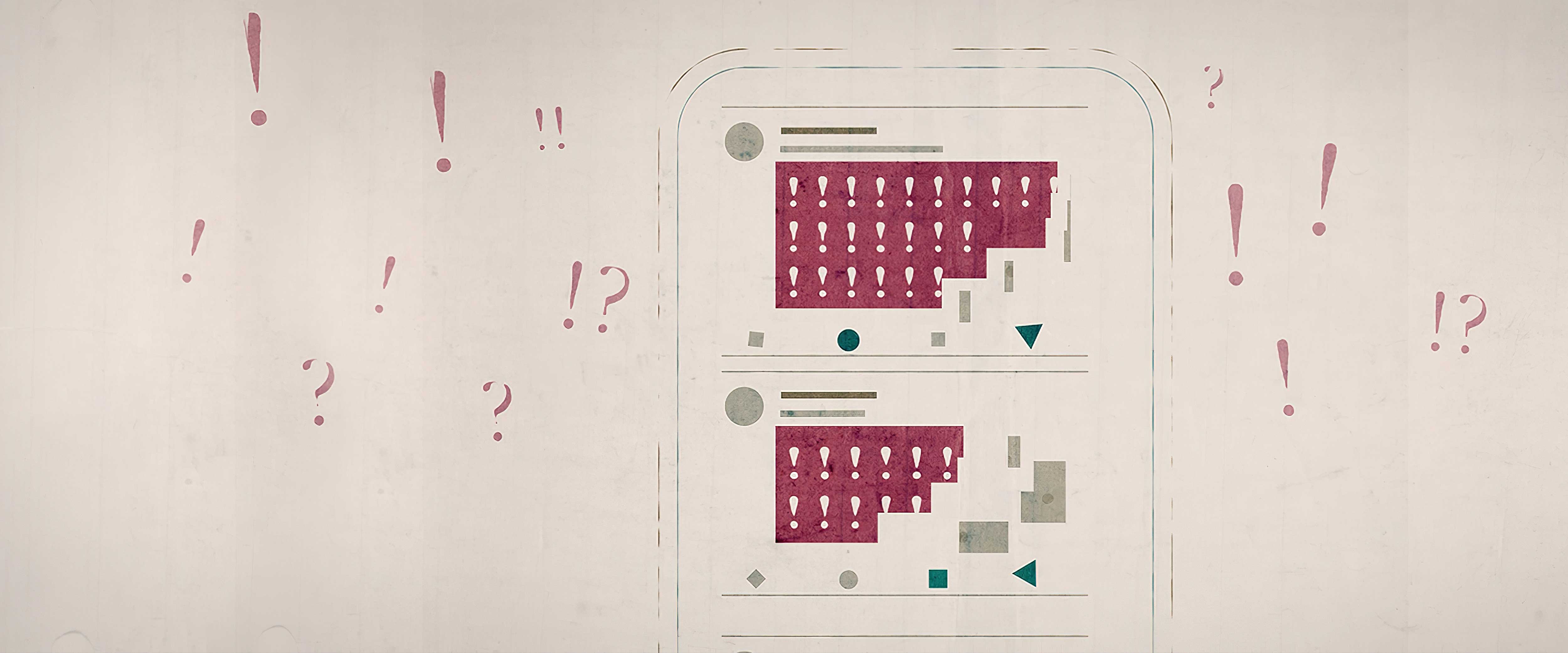 Illustration of phone with text messages with exclamation points instead of words
