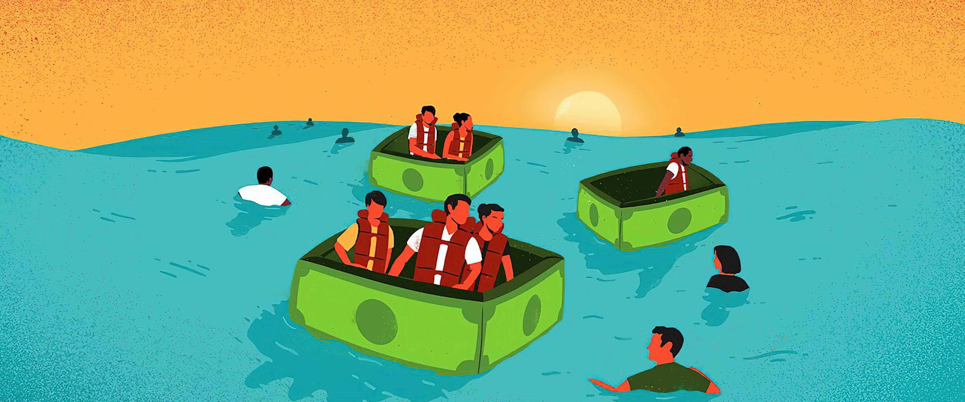 People in dollar bill life rafts