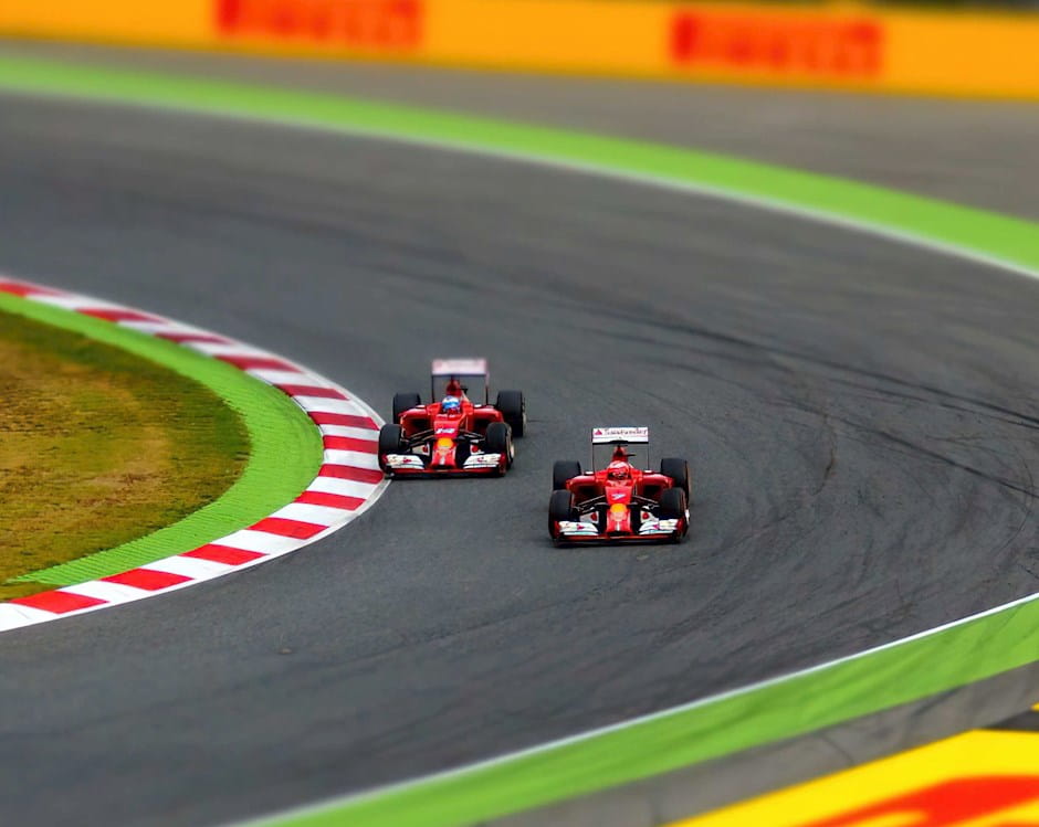 Two Formula 1 cars racing in Barcelona