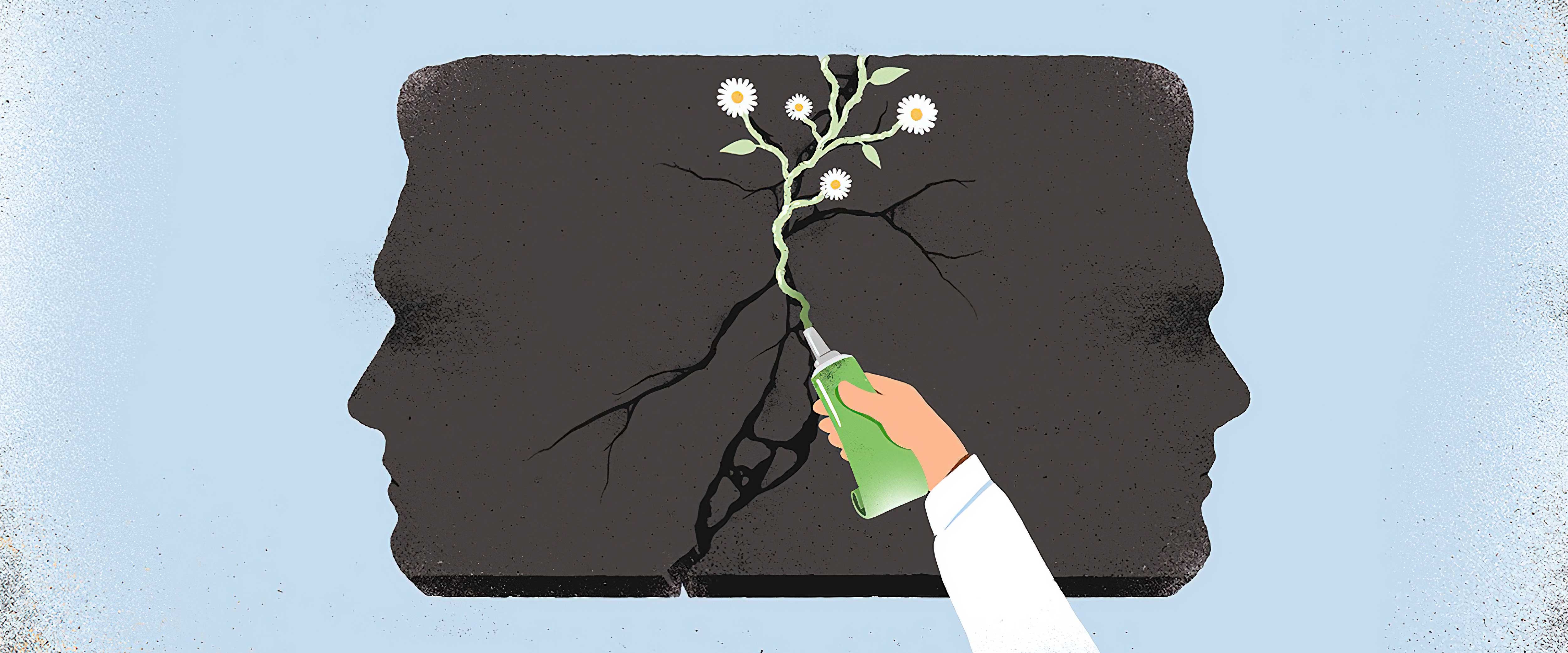 Faces made of concrete are divided by a crack, to which a hand applies a glue made of flowers