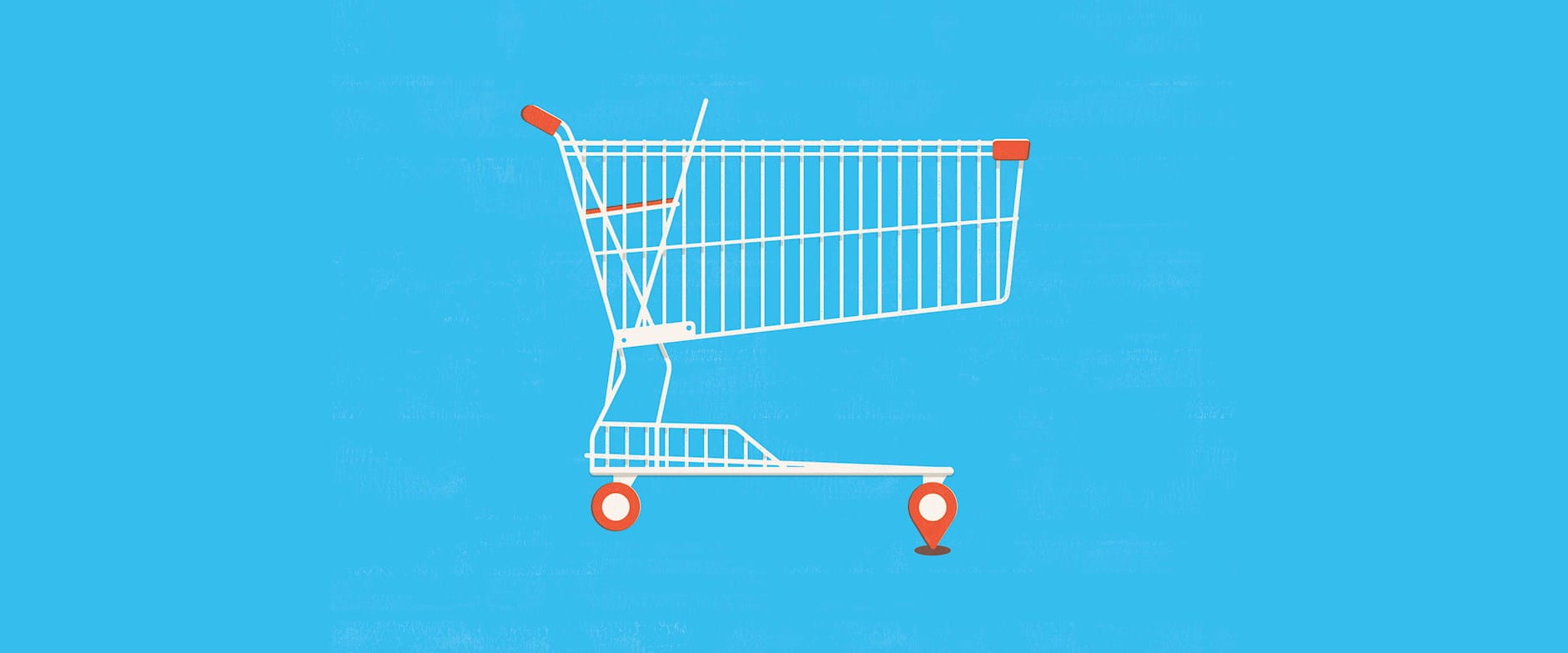 Illustration of a shopping cart whose wheel looks like a location symbol