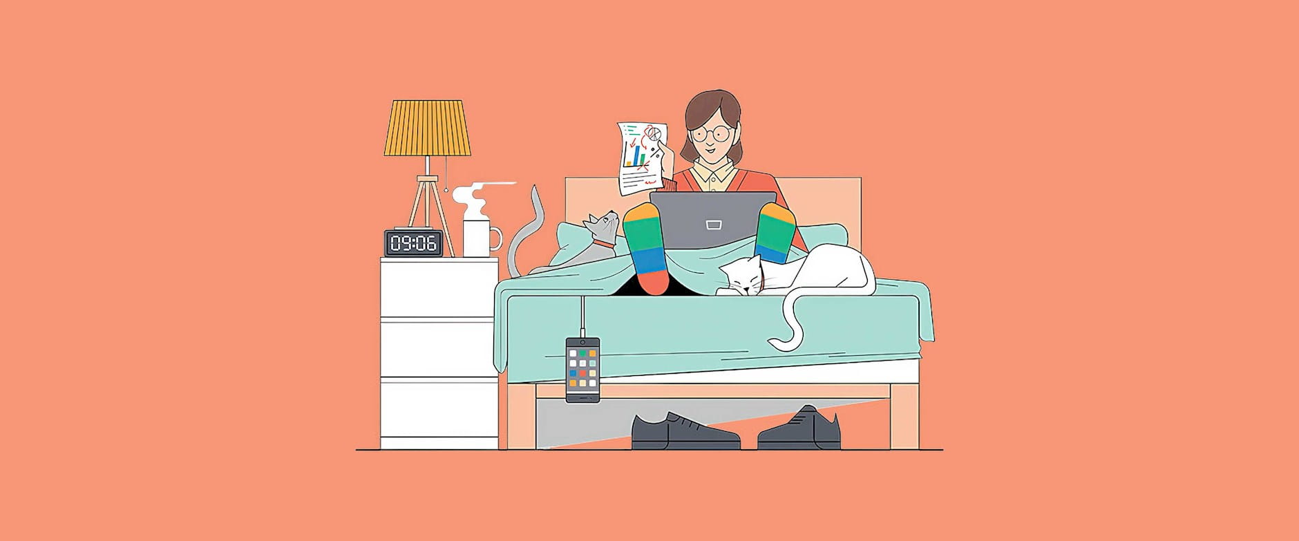 Illustration of a woman working from bed with her cats, laptop and chart papers
