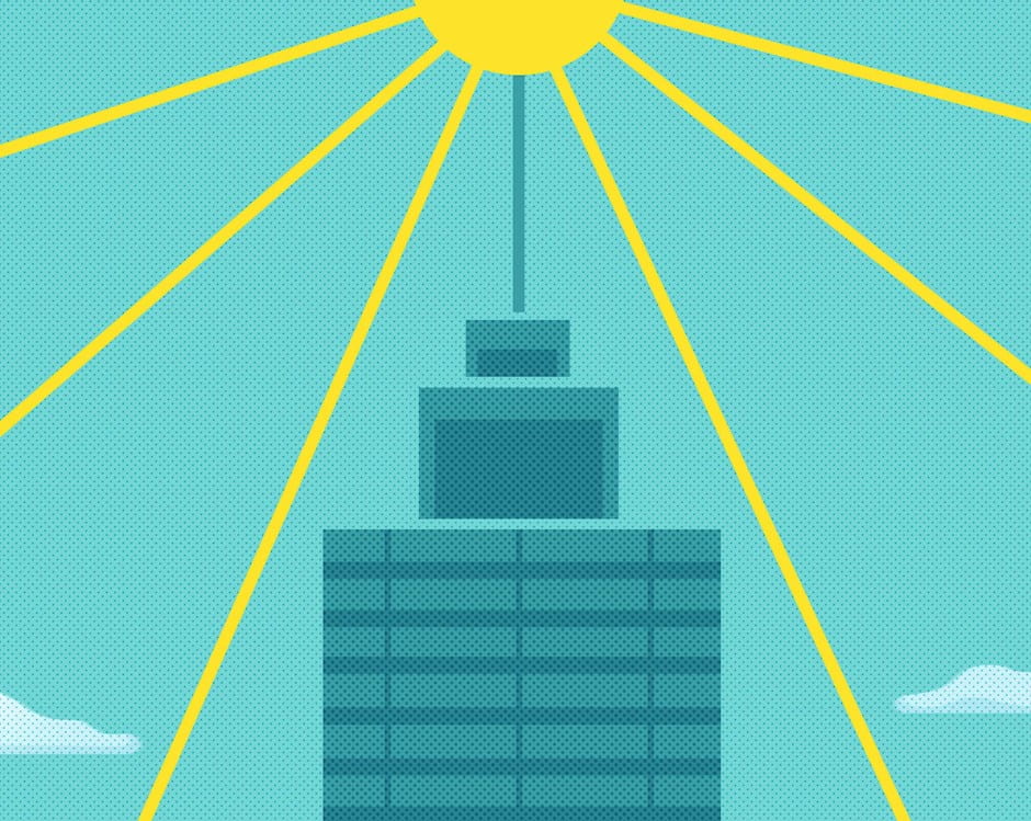 An illustration of buildings and the sun shining from atop the tallest one