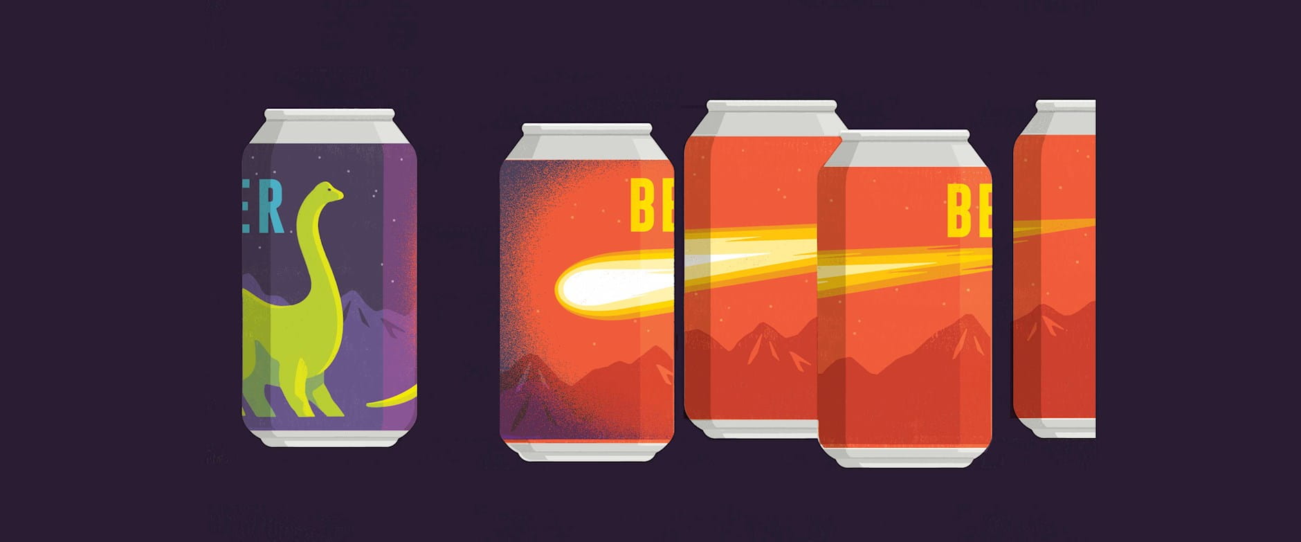Illustration of cans of beer with labels that show a meteorite hitting dinosaurs on earth