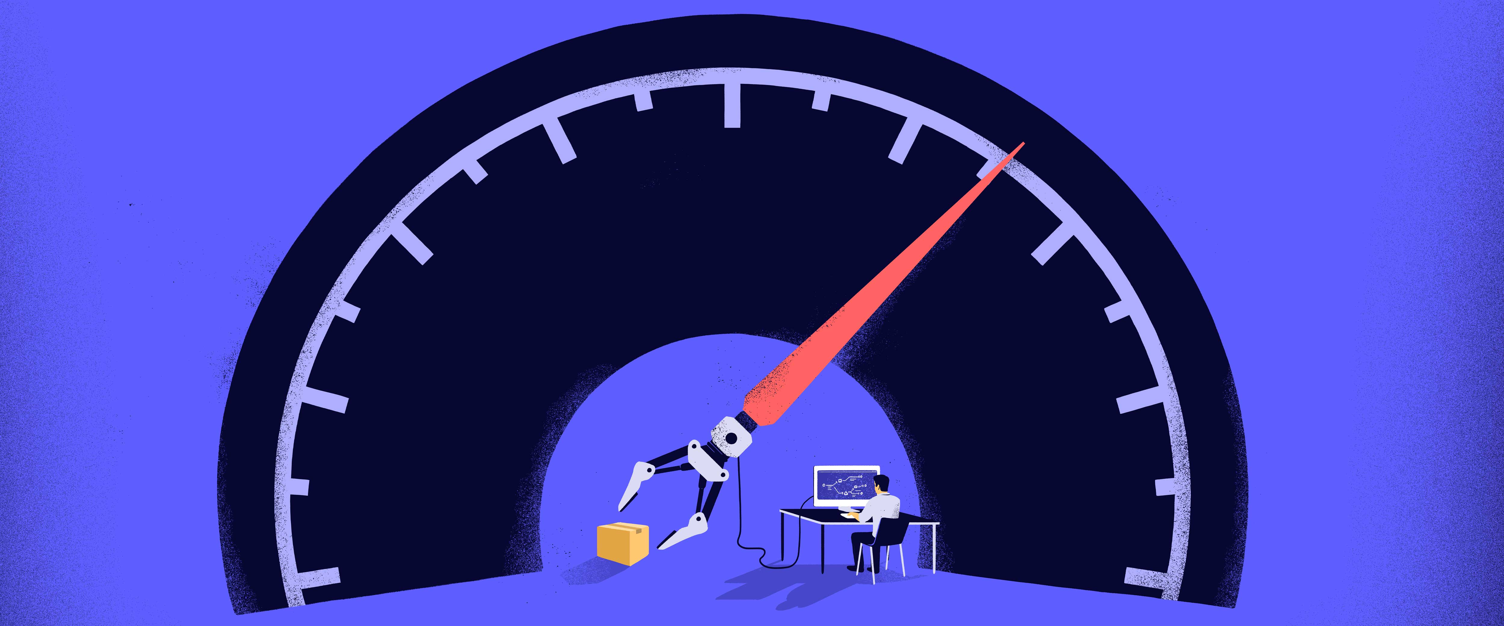 A man controls a large meter whose needle looks like the arm of a robot