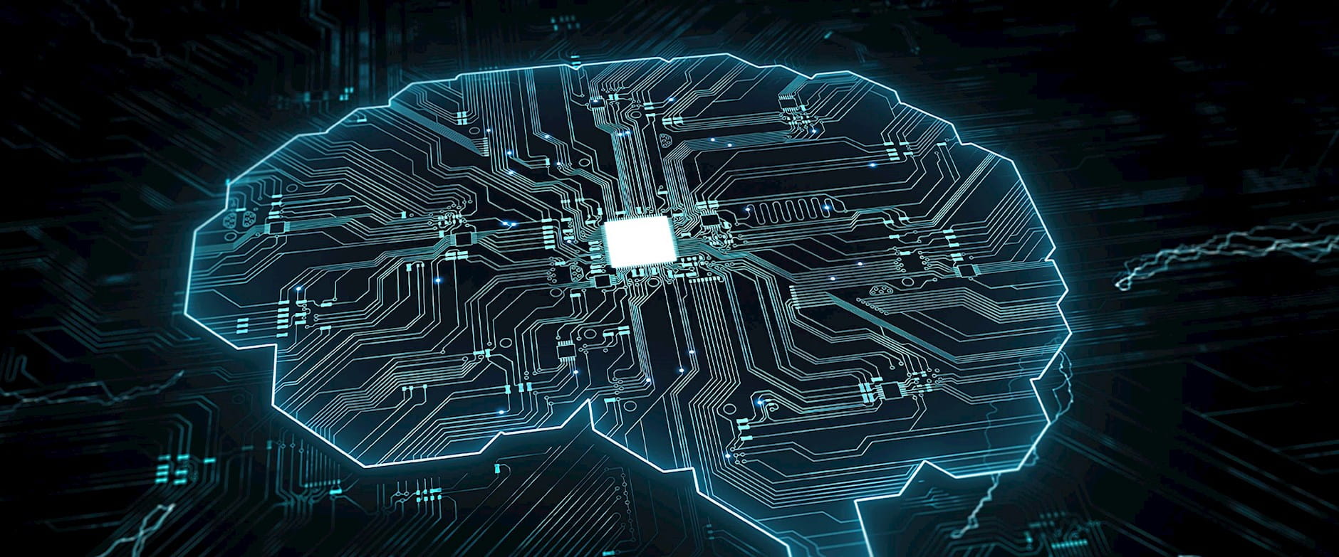AI blue brain circuit board over a black background