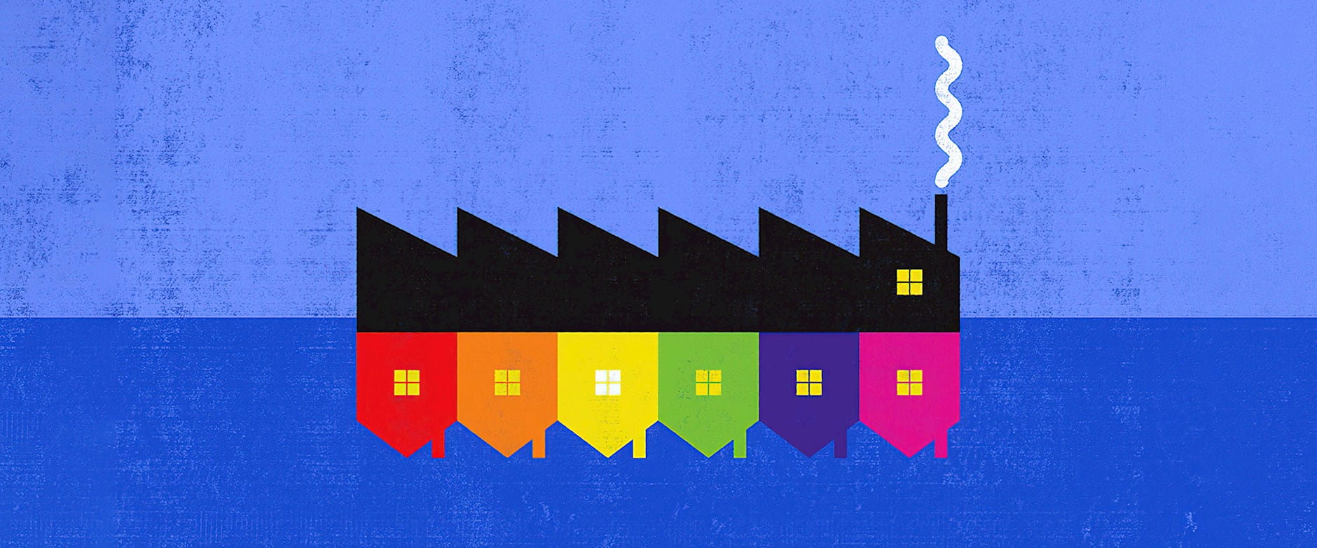 An inverted row of colorful houses make up the jagged shape of a dark factory above