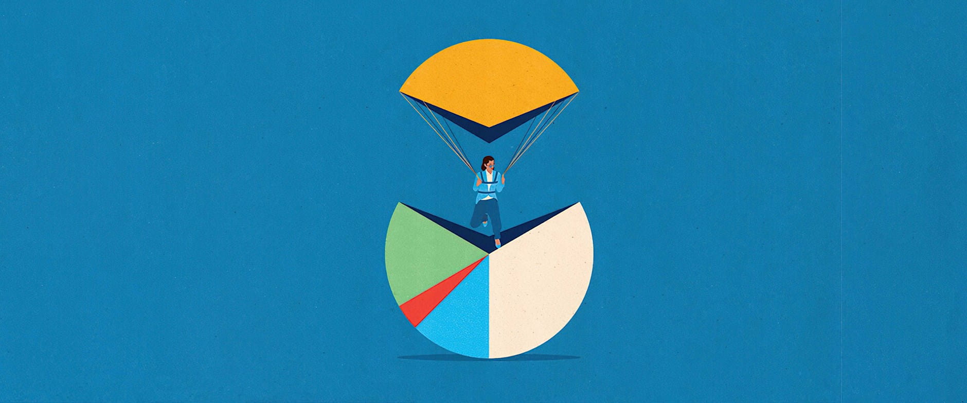An illustration of a woman parachuting, whose shape forms the top portion of a pie chart
