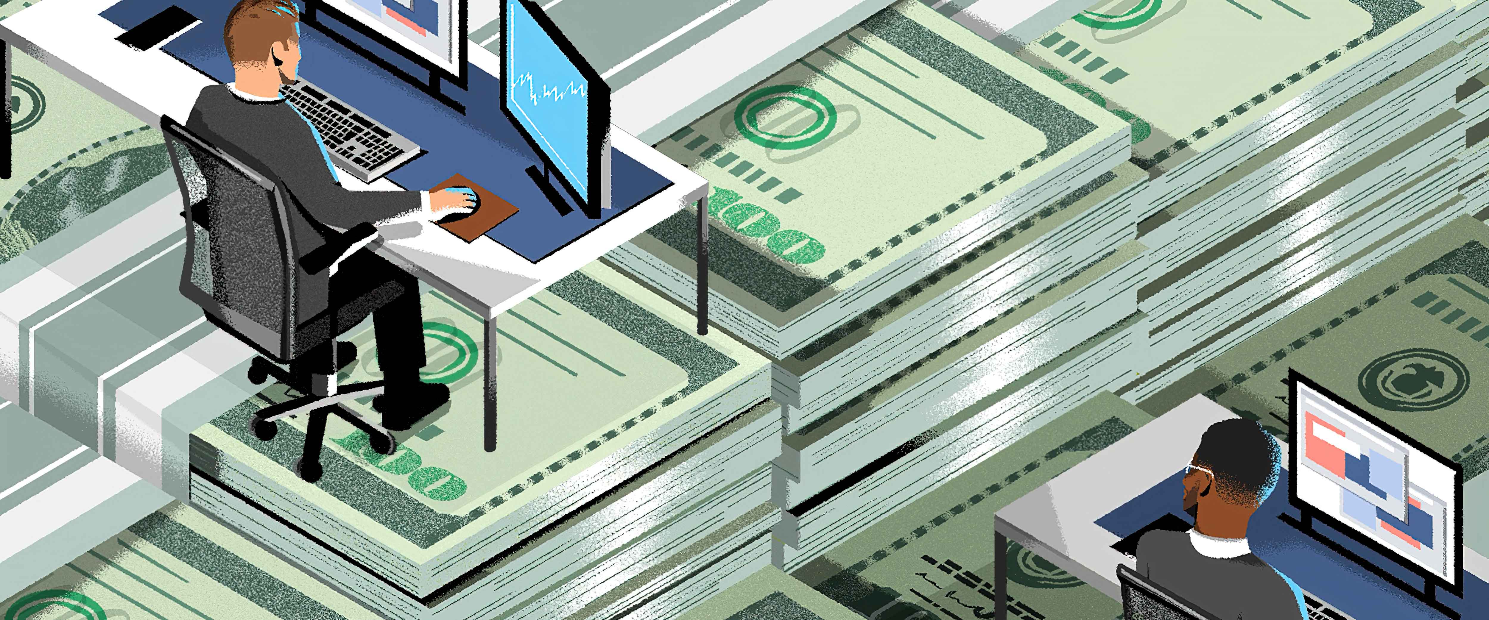 Black man and white man working atop stacks of dollar bills, with the white worker elevated