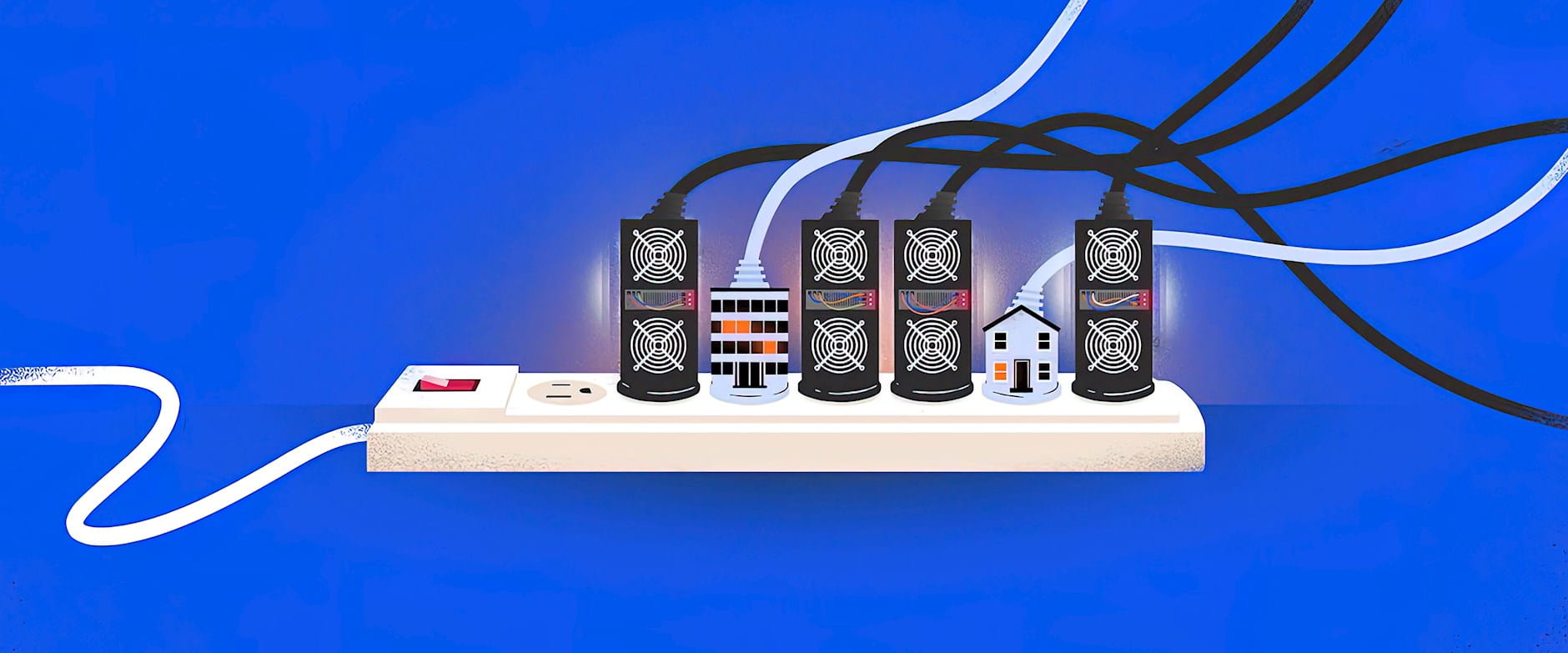 Illustrated computers and homes plugged into a surge protector