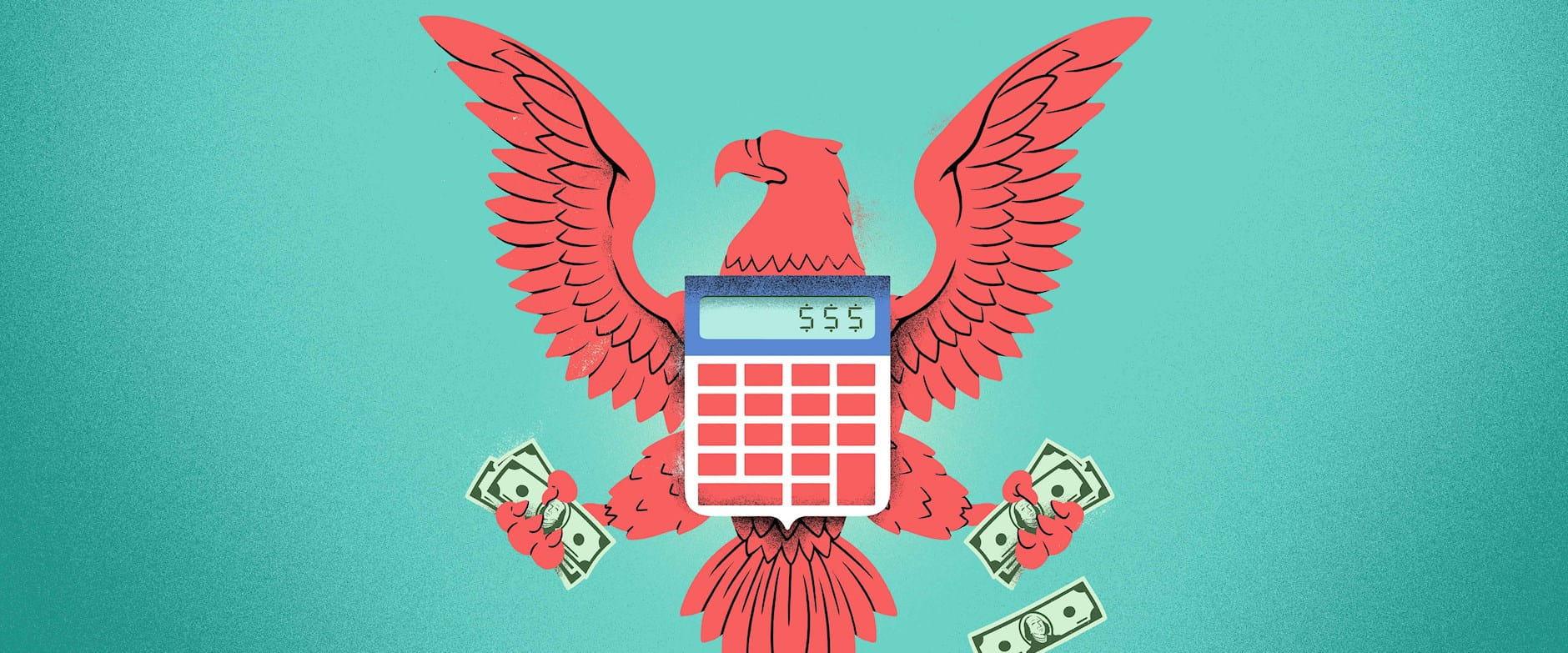 Eagle in the style of the Great Seal of the United States, gripping cash and using a calculator as a shield
