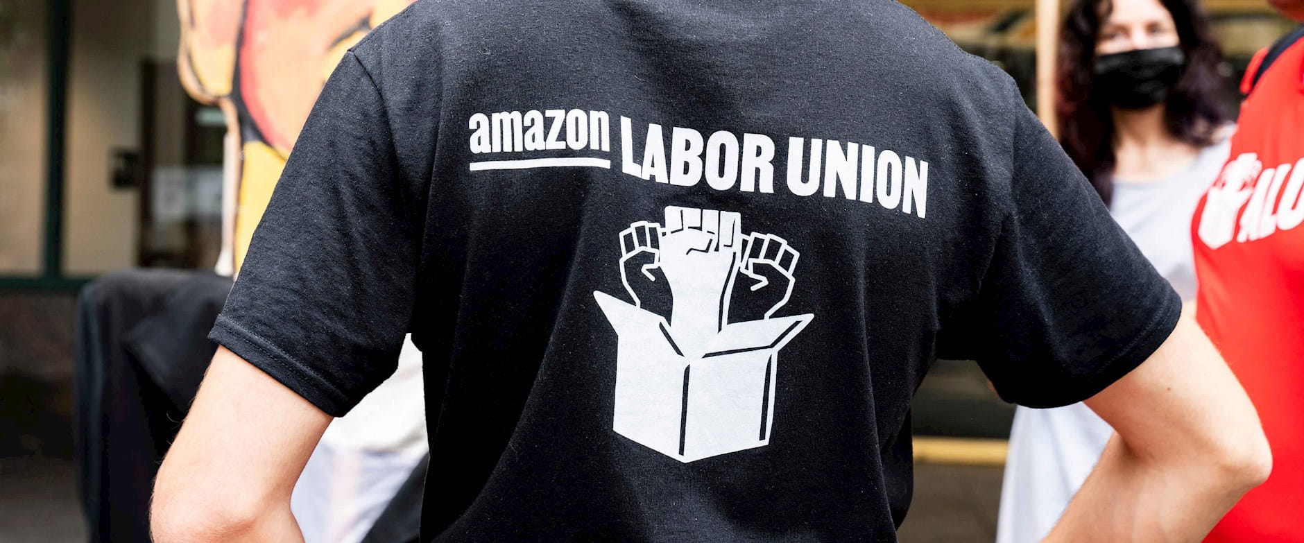 Person wearing T-shirt in support of the Amazon labor union