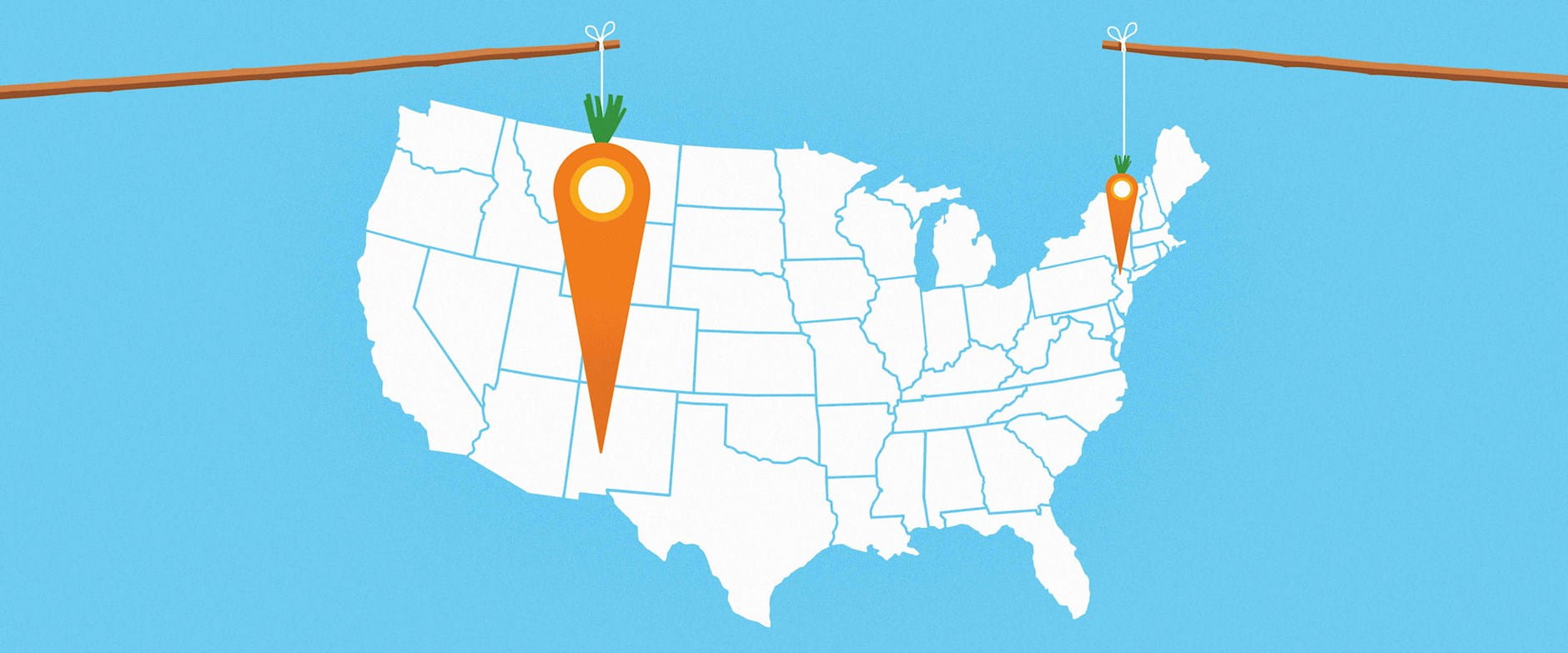 Carrots acting as pins in a map of the US