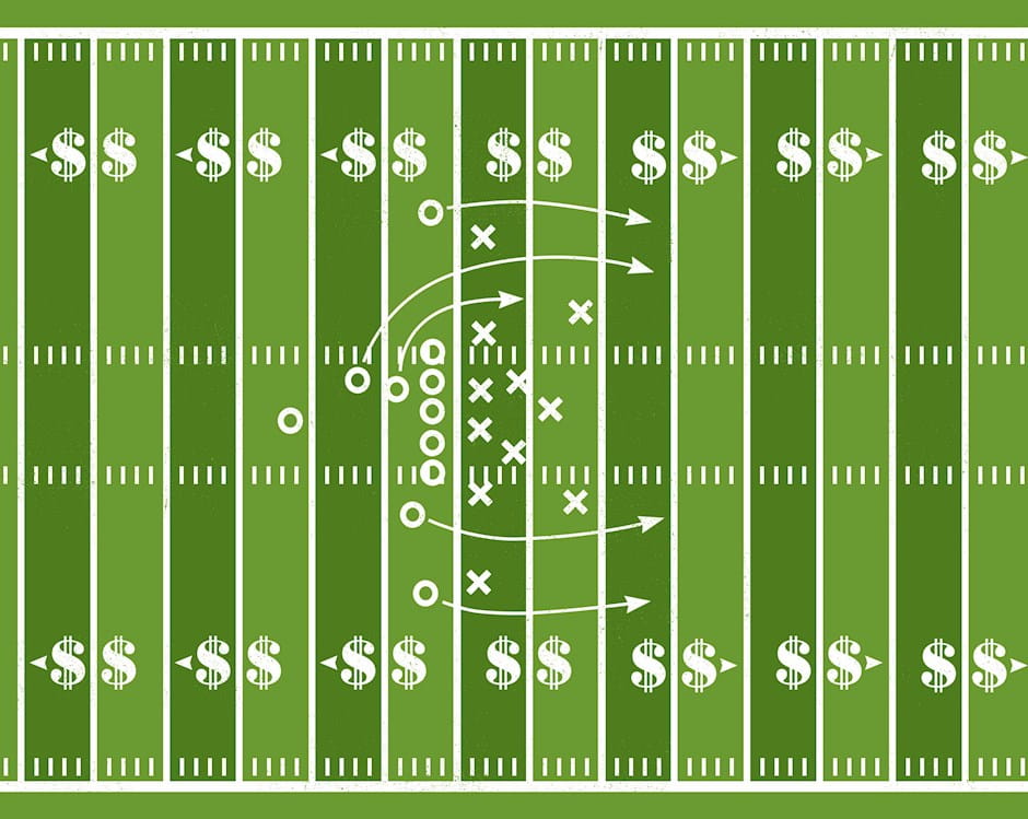 Football field with dollar signs instead of numbers at the yard lines