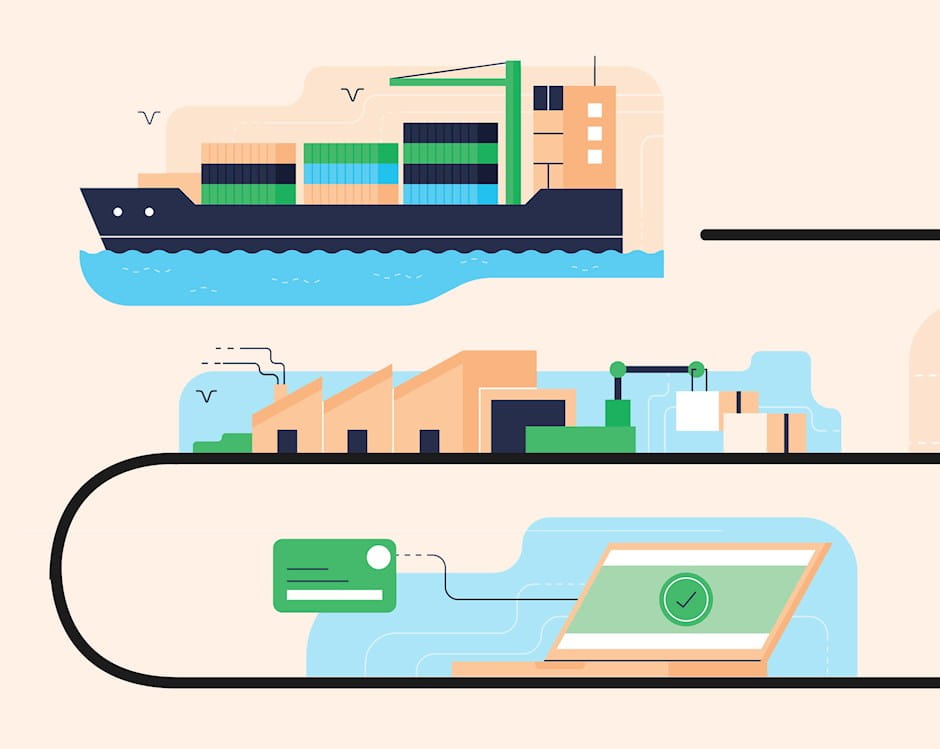 A curving path connecting a container ship, semi truck, factory, warehouse, e-commerce website, and home